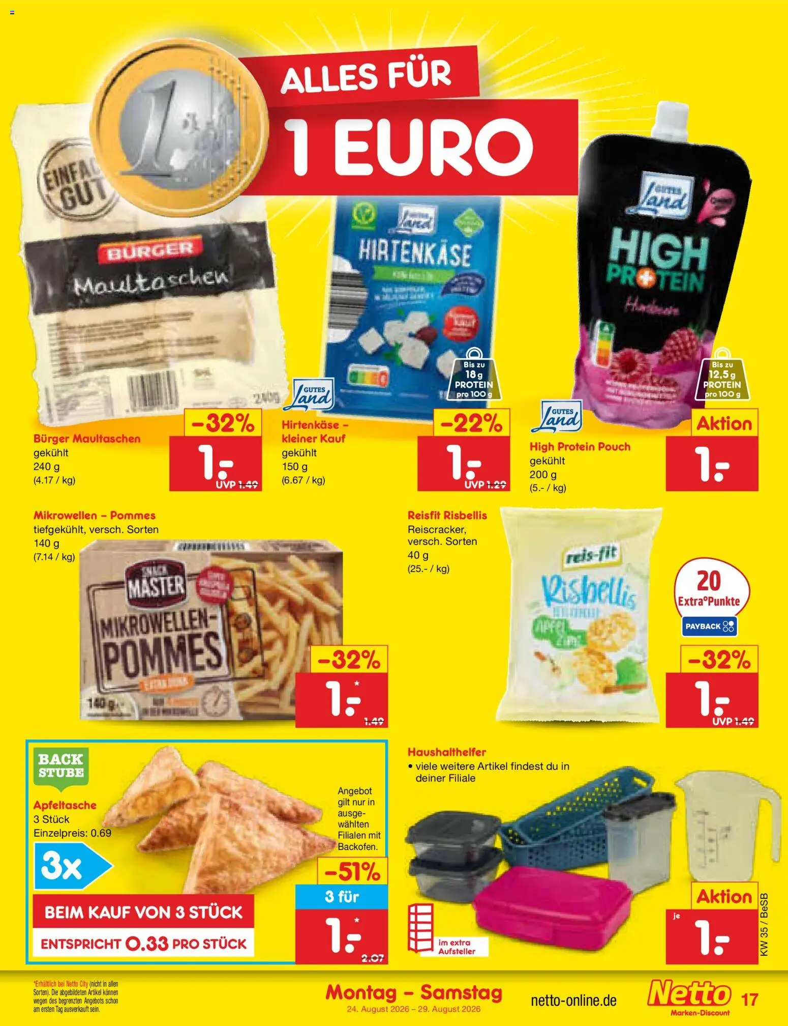 Netto Marken-Discount Prospekt – gültig ab 24.08.2026 | Seite: 27 | Produkte: Pommes, Burger, Äpfel, Maultaschen