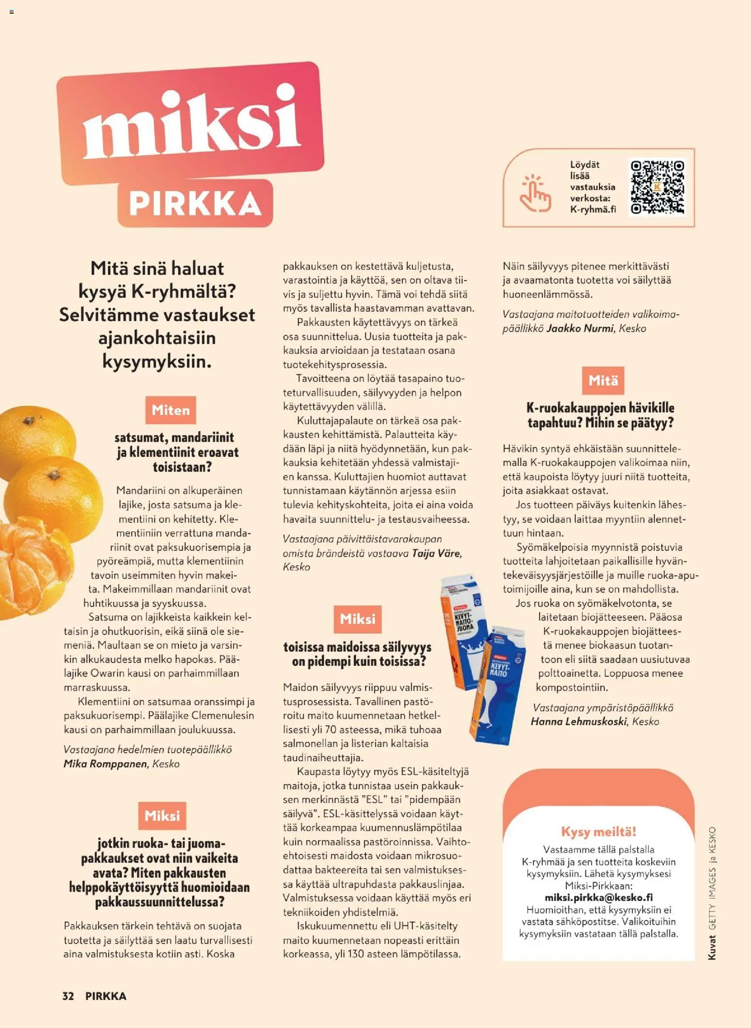 K-Market - Pirkka – voimassa 30/09/2026 alkaen | Sivu: 32 | Tuotteet: Satsuma, Klementiini, Maito, Voi