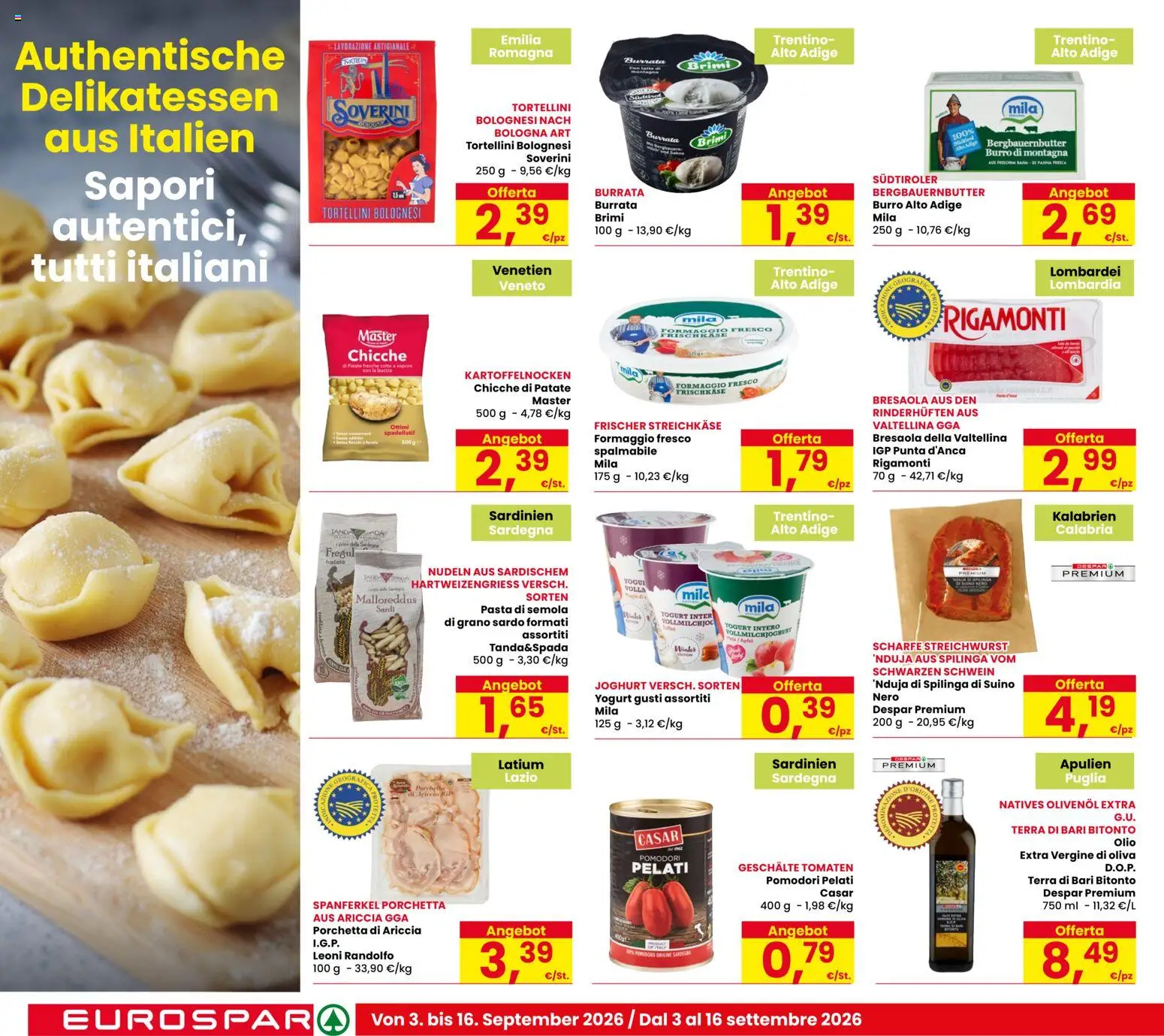 Volantino Eurospar del 03/09/2026 | Pagina: 8 | Prodotti: Porchetta, Pasta di semola, Formaggio, Terra