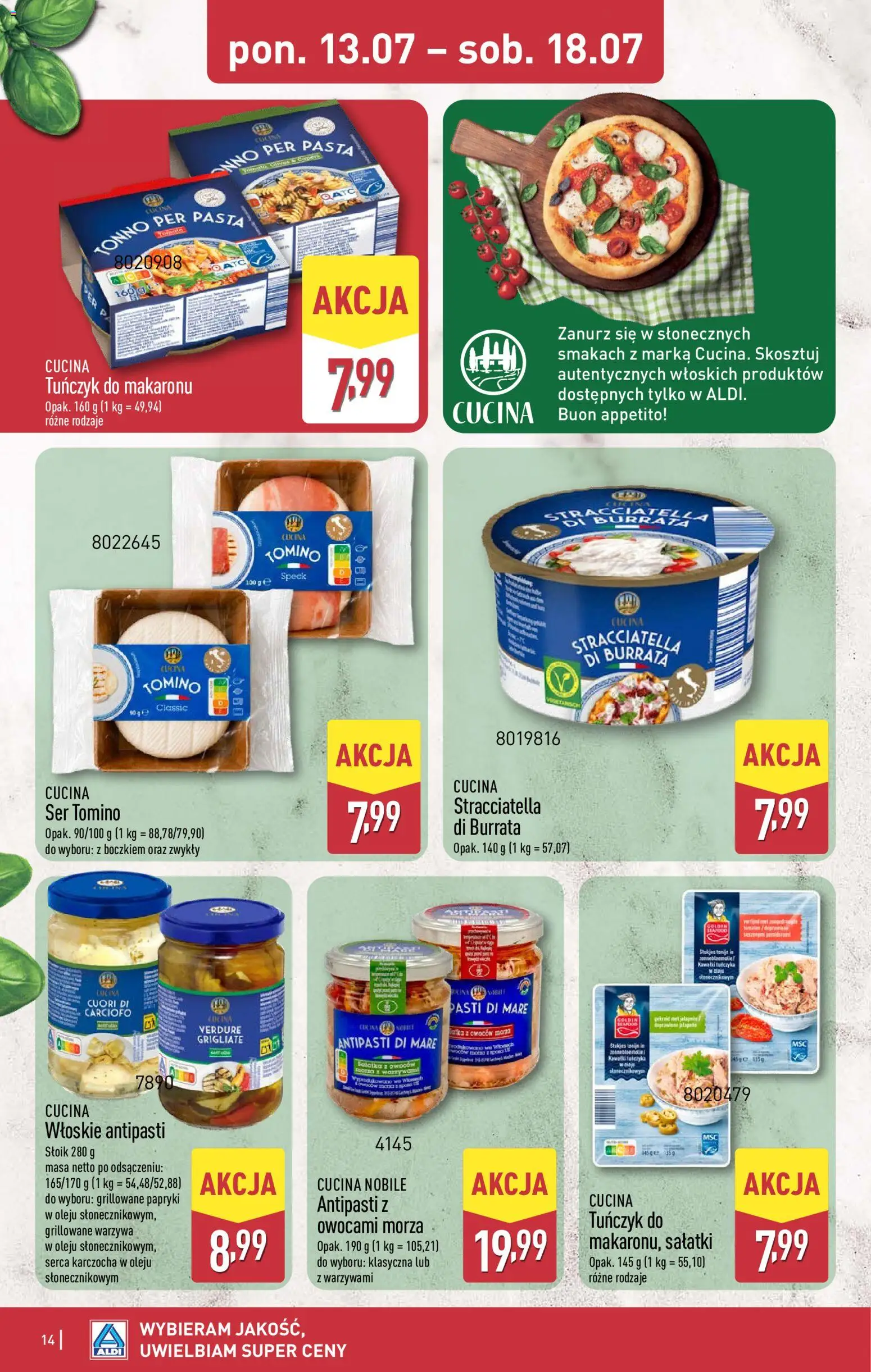 Aldi gazetka od 13.07.2026 | Strona: 14 | Produkty: Tuńczyk, Ser, Sałatka, Warzywa