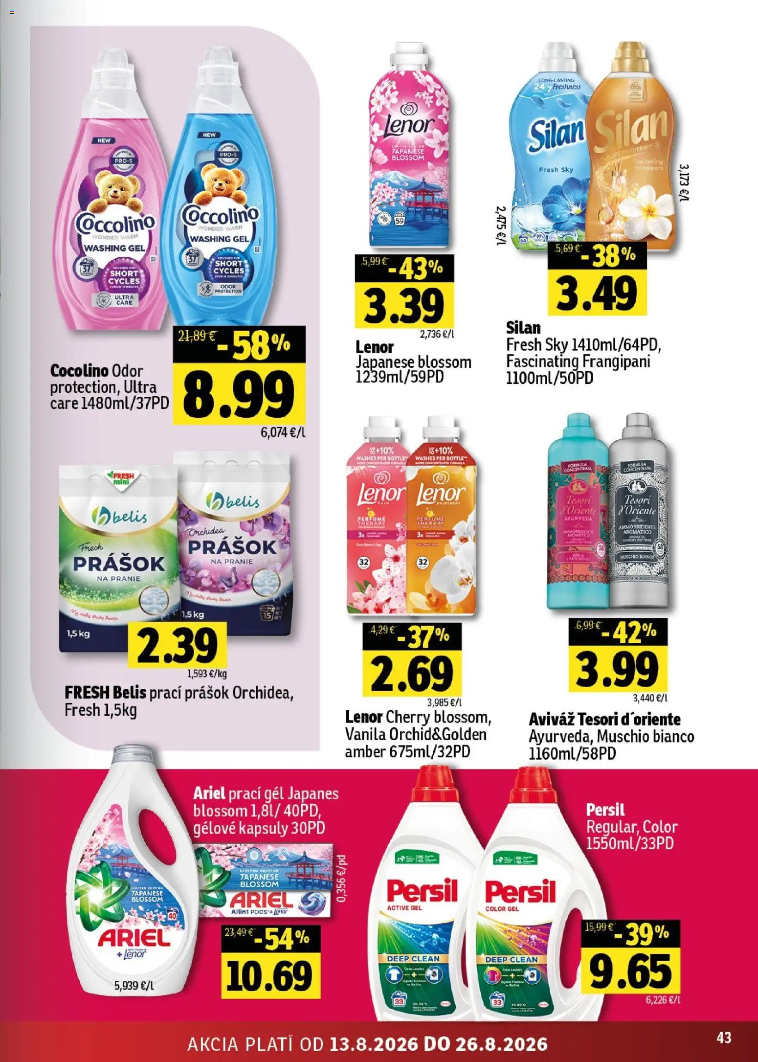 Nové Fresh akcie – leták je platný od 13.08.2026 | Strana: 43 | Produkty: Persil, Prací gél, Aviváž, Orchidea