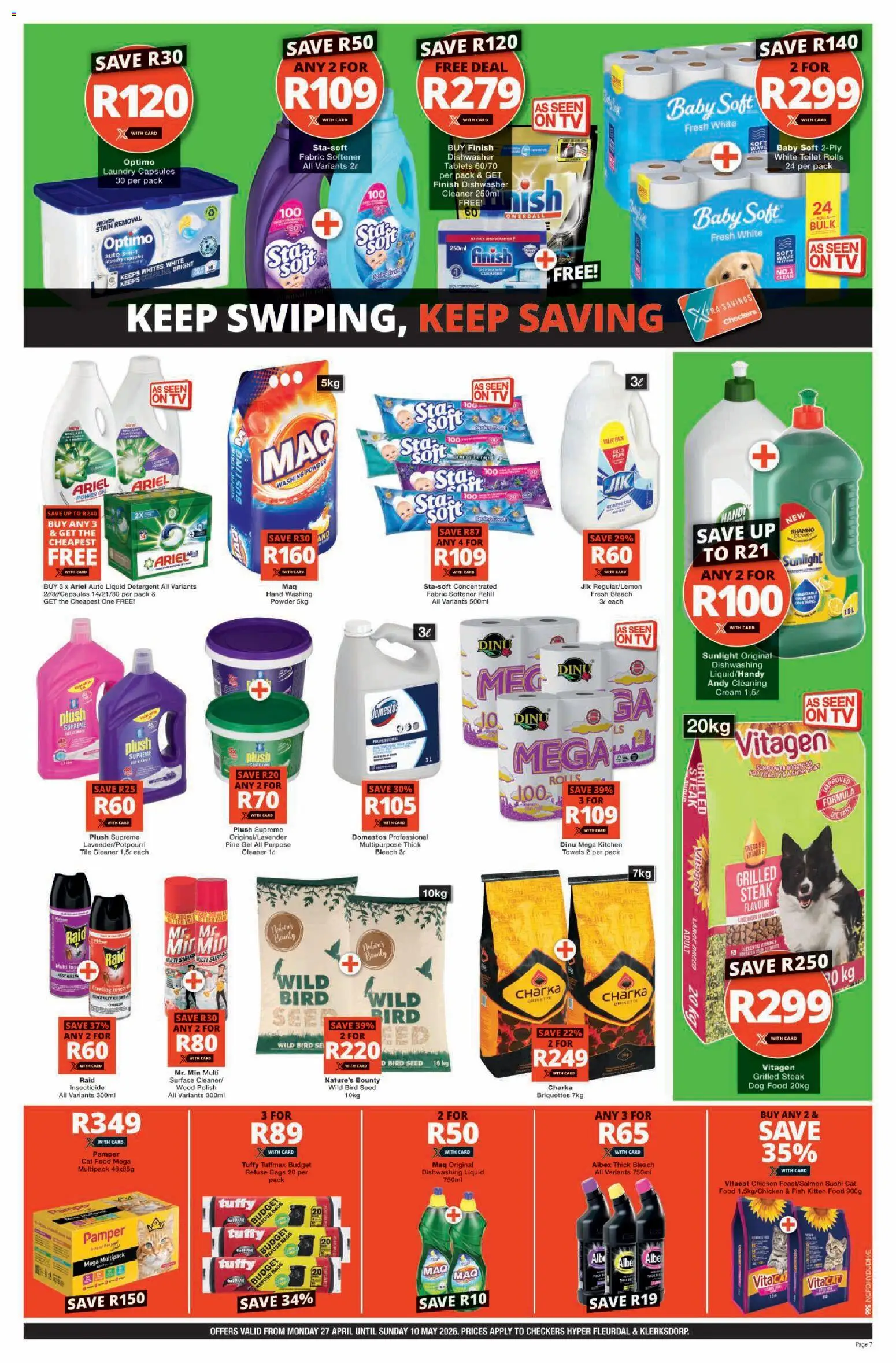 New Checkers catalogue – valid from 27.04.2026 | Page: 7 | Products: Dishwasher, Rags, Fish, Detergent
