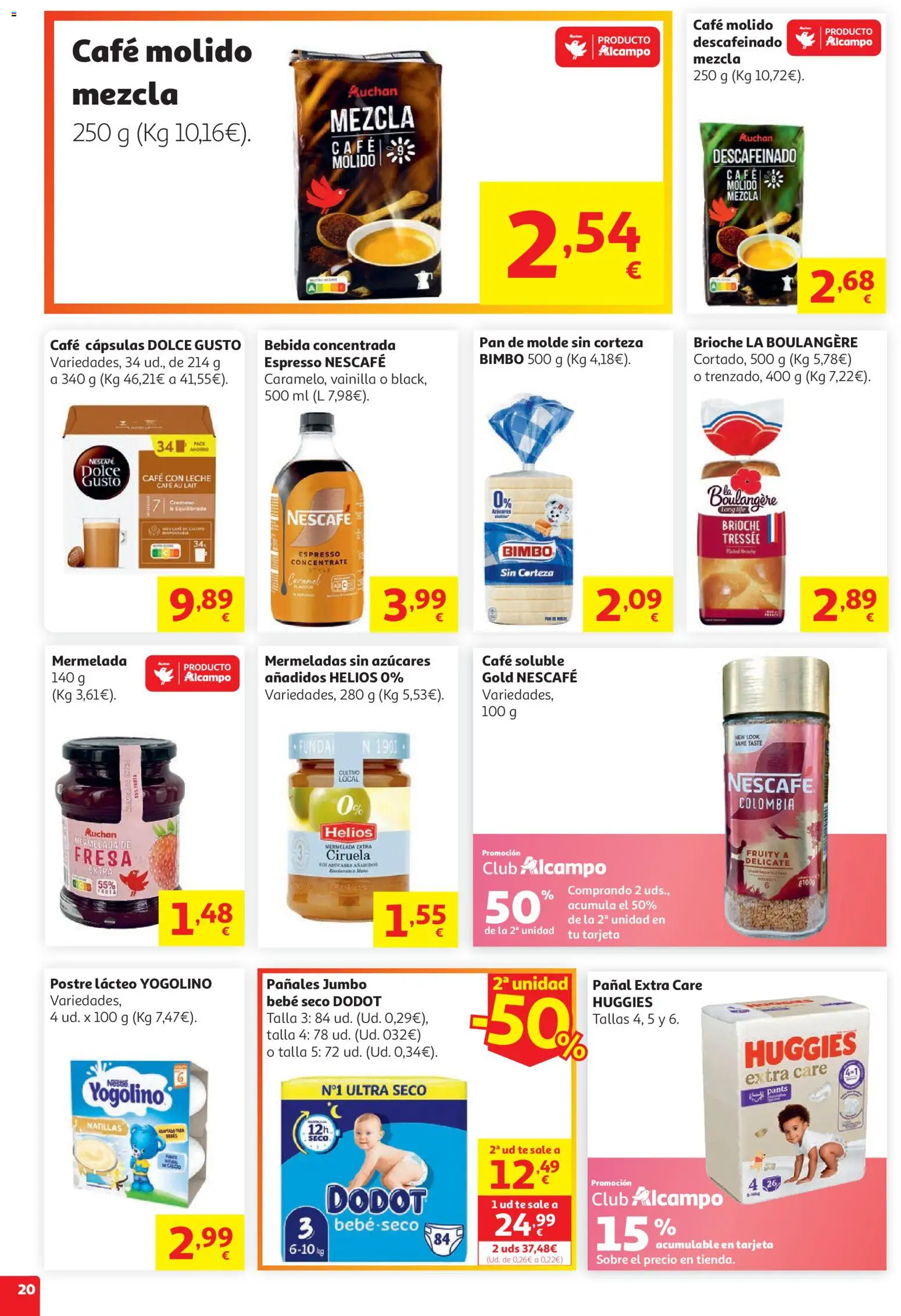 Alcampo HG Nacional │ válido desde el 05.05.2026 | Página: 20 | Productos: Café con leche, Leche, Pan, Café molido