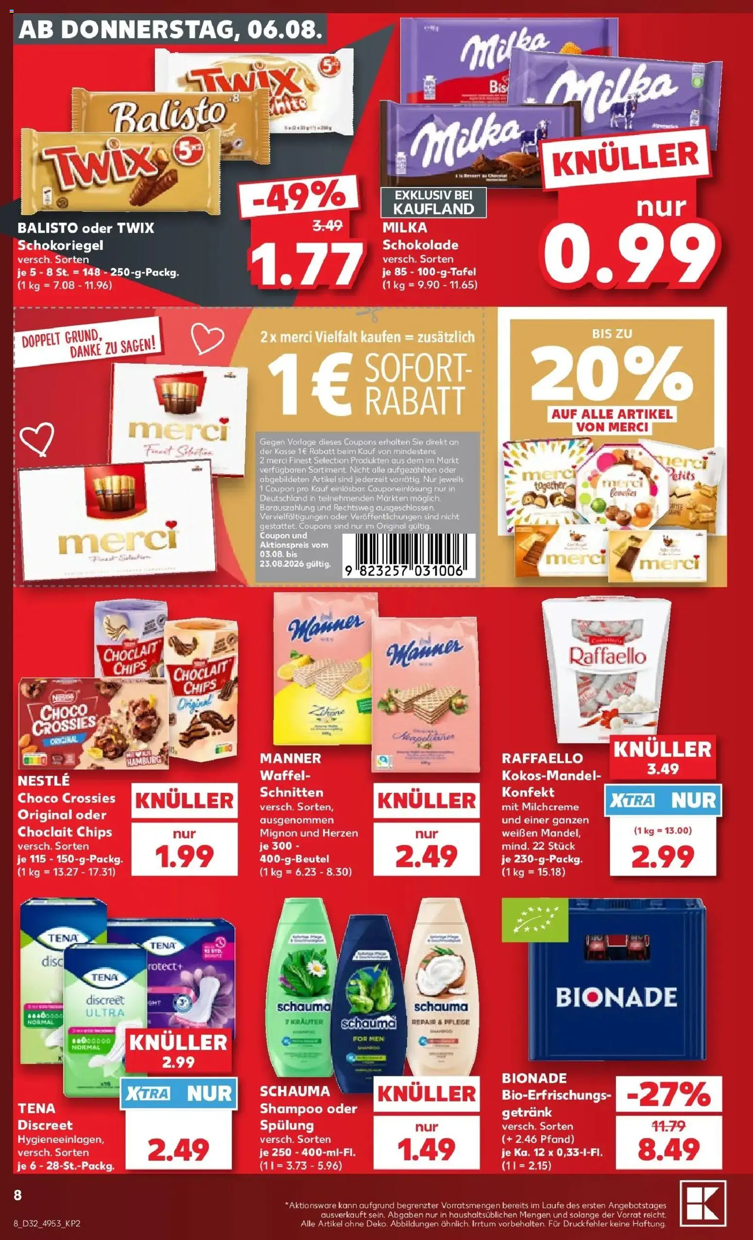 Prospekt Kaufland ab 06.08.2026 » Angebote Online zum Blättern | Seite: 8 | Produkte: Merci, Schokolade, Bionade, Spülung
