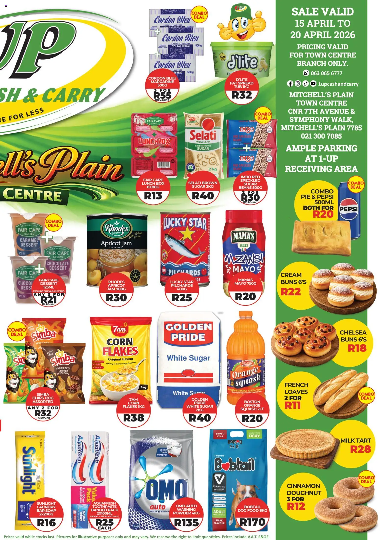 New 1UP Cash & Carry catalogue – valid from 15.04.2026 | Page: 2 | Products: Pilchards, Milk, Washing powder, Dog food