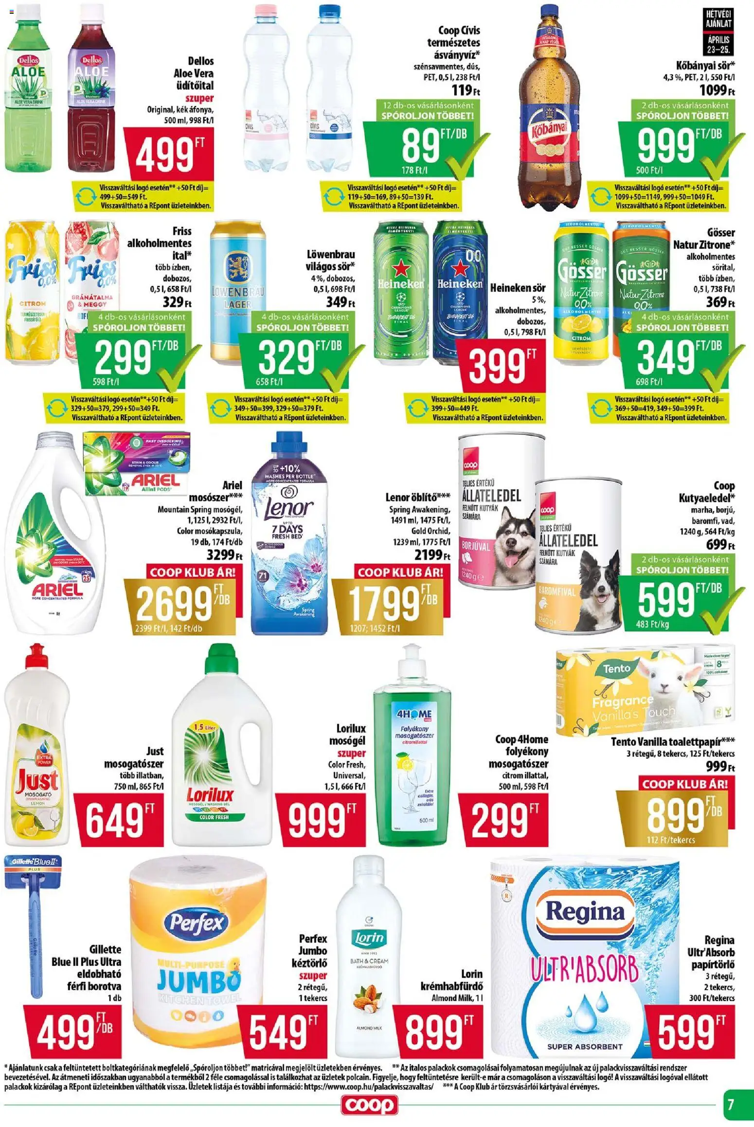 COOP akciós ujság - amely érvényes a következő dátumtól: 23.04.2026 | Oldal: 7 | Termékek: Heineken, Papírtörlő, Öblítő, Sör