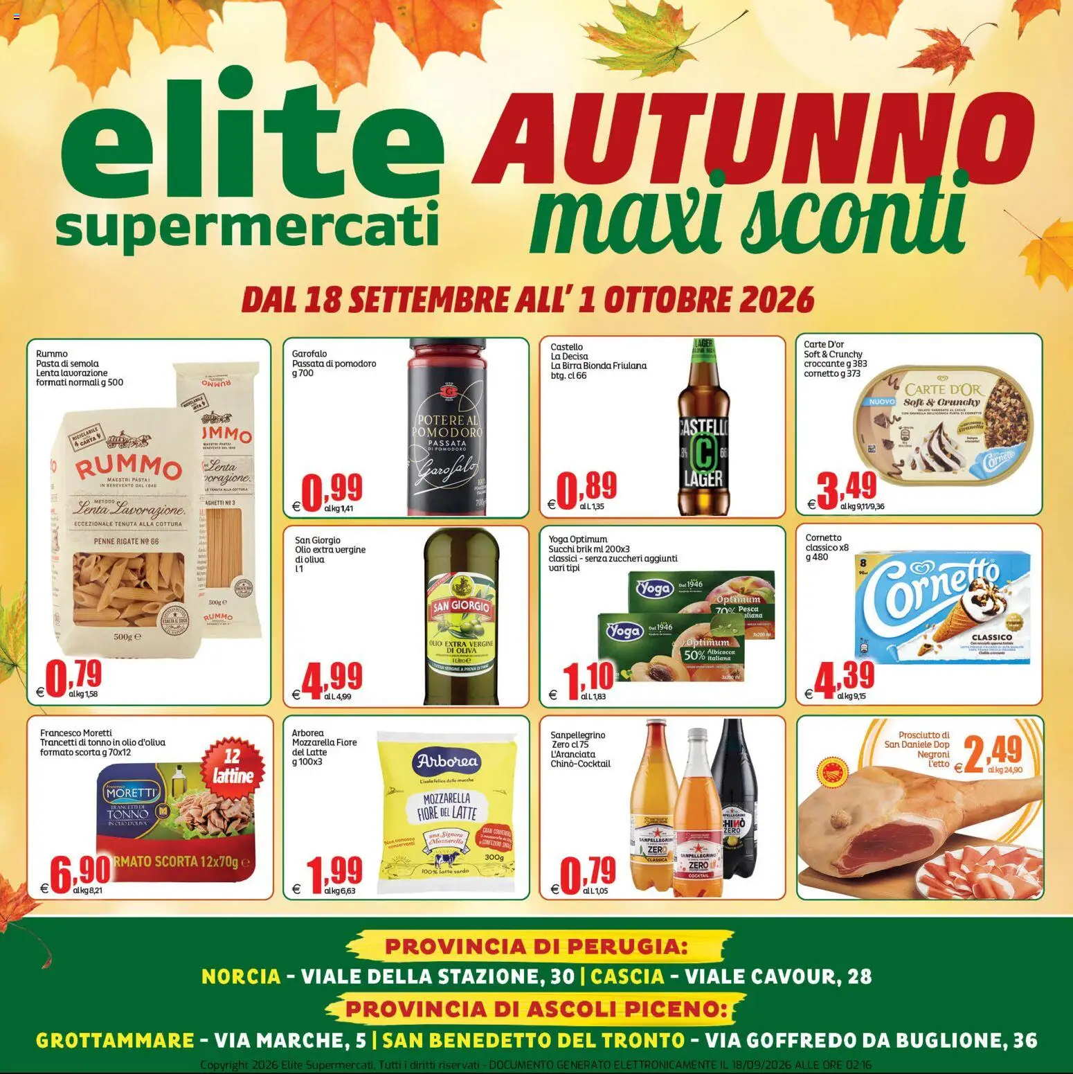 Volantino Elite Supermercati del 18/09/2026 | Pagina: 1 | Prodotti: Prosciutto, Olio extra vergine, Semola, Penne
