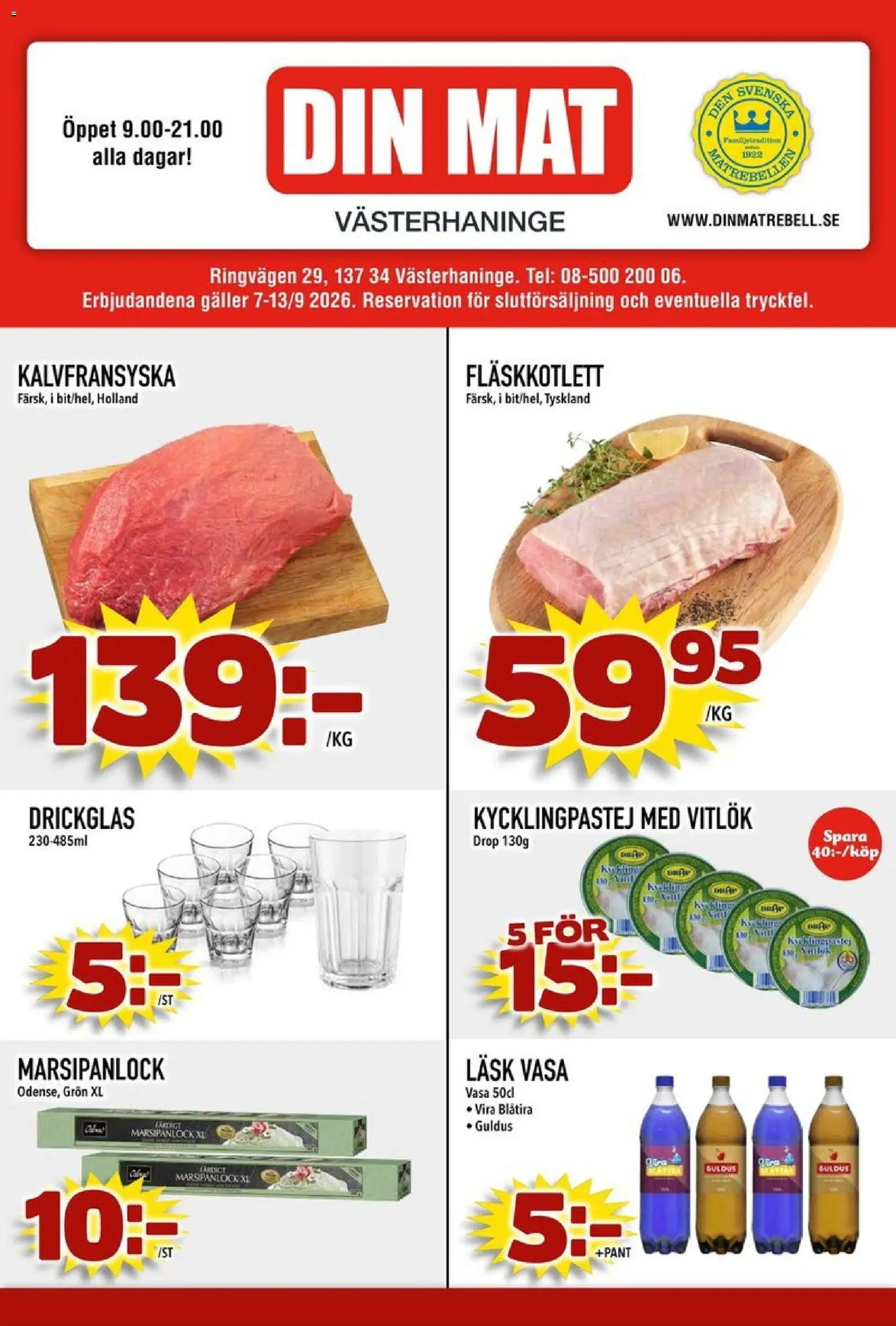 Din Mat reklamblad aktuell från 07/09/2026 | Sida: 1 | Produkter: Fläskkotlett, Galler, Vitlök
