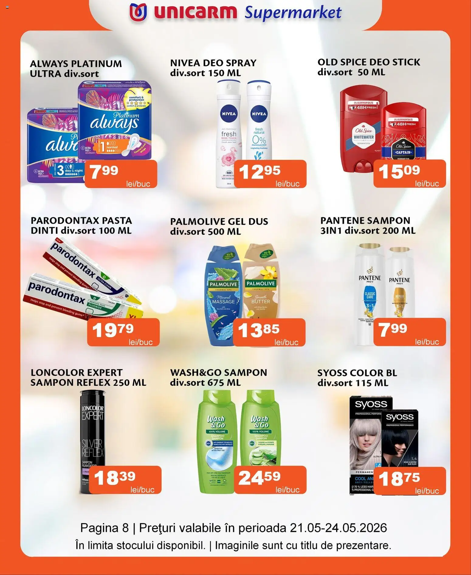 Noul catalog Unicarm – valabil de la 21.05.2026 | Pagină: 8 | Produse: Role, Duș, Șampon, Absorbante