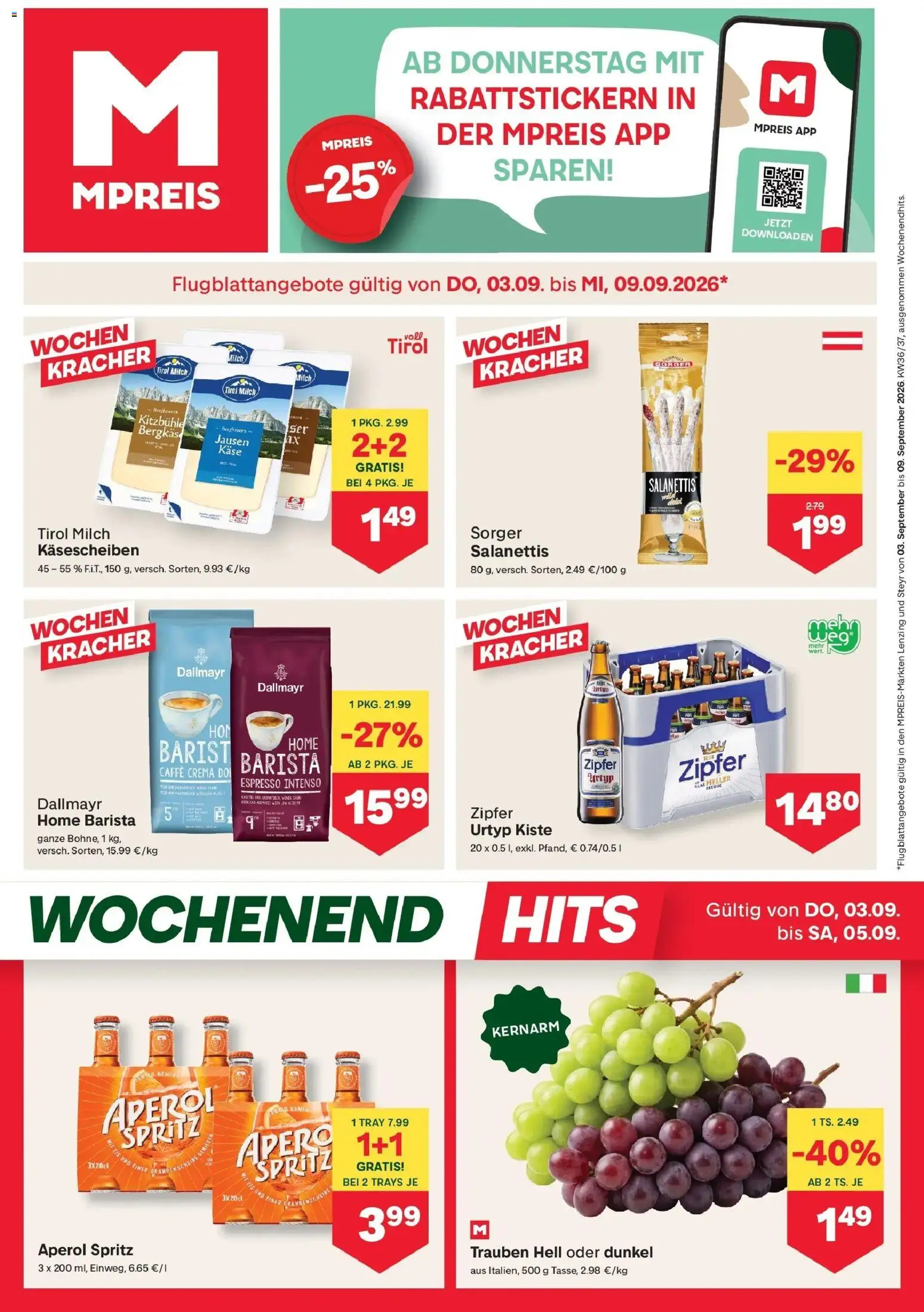 MPREIS Steyr gültig ab 03.09.2026 | Seite: 1 | Produkte: Eis, Aperol, Milch, Käse
