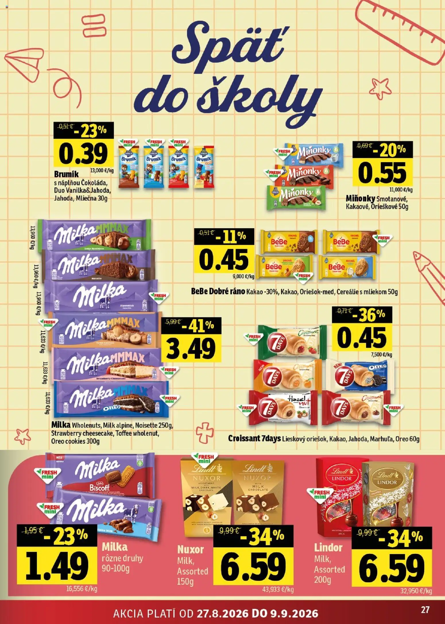 Nové Fresh akcie – leták je platný od 27.08.2026 | Strana: 27 | Produkty: Croissant, Lindor, Lindt, Cereálie