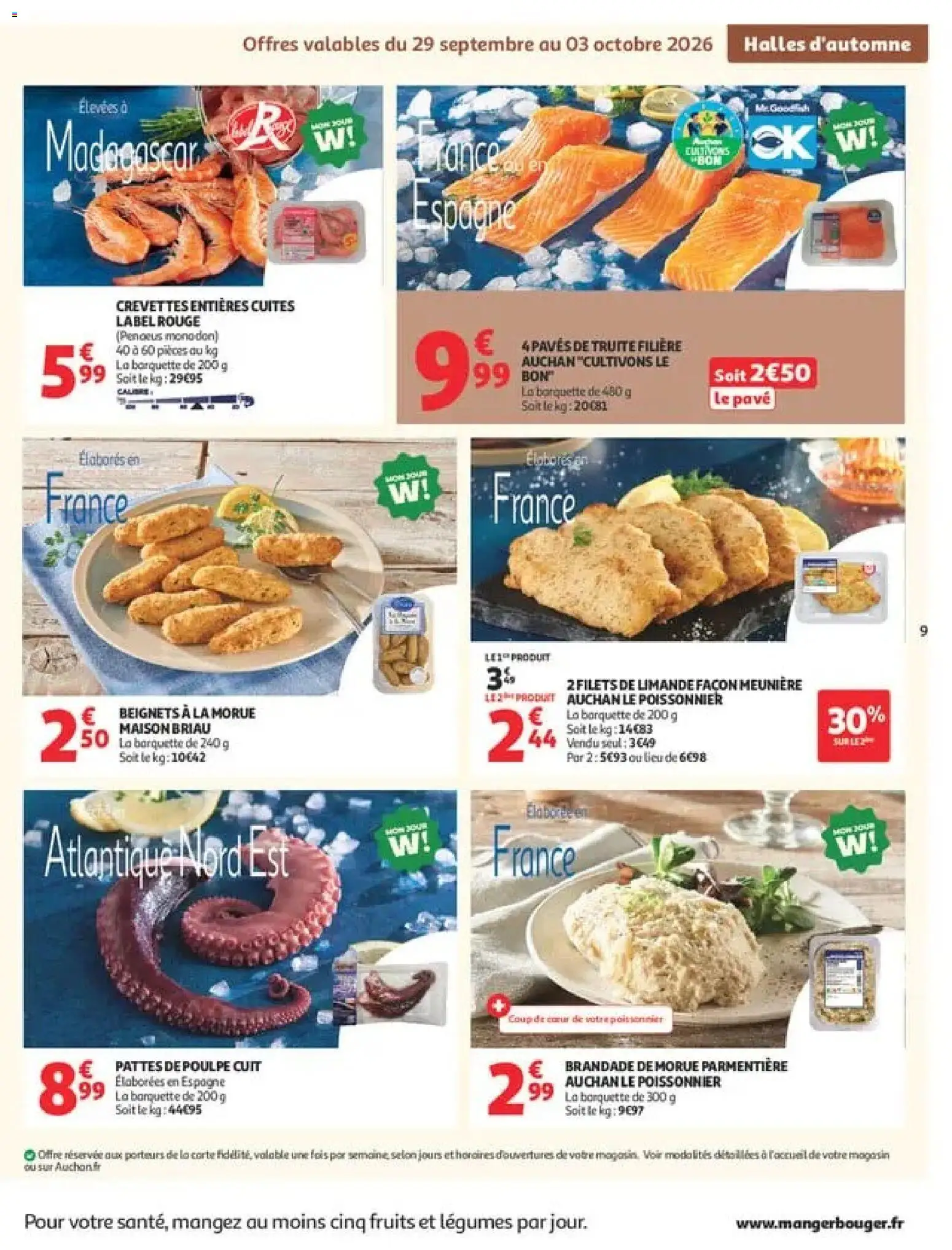 {H1} | Page: 9 | Produits: Pavés de truite, Crevettes, Fruits, Morue