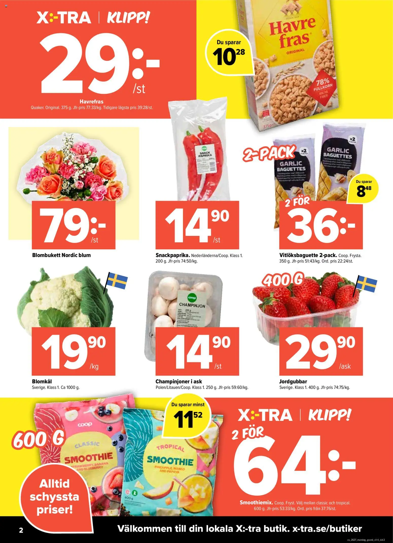 Coop X:-TRA reklamblad aktuell från 29/06/2026 | Sida: 2 | Produkter: Champinjoner, Jordgubbar, Mango, Fräs