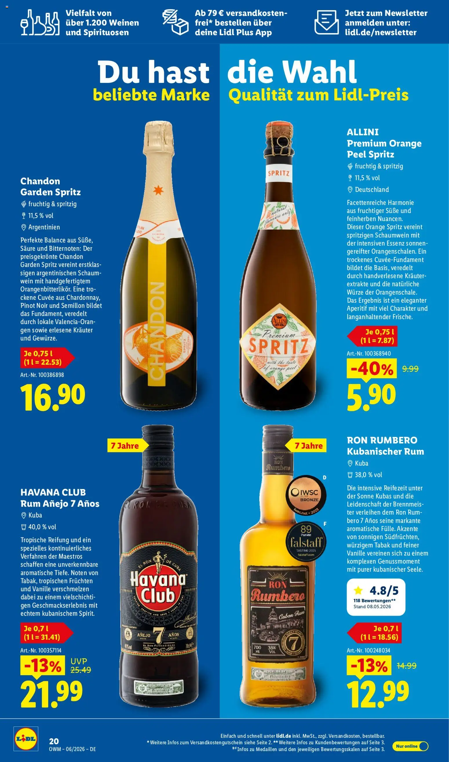Lidl Německo leták - Wein & Spirituosen od 01.06.2026 | Strana: 20 | Produkty: Rum, Spritz, Havana club, Pinot Noir