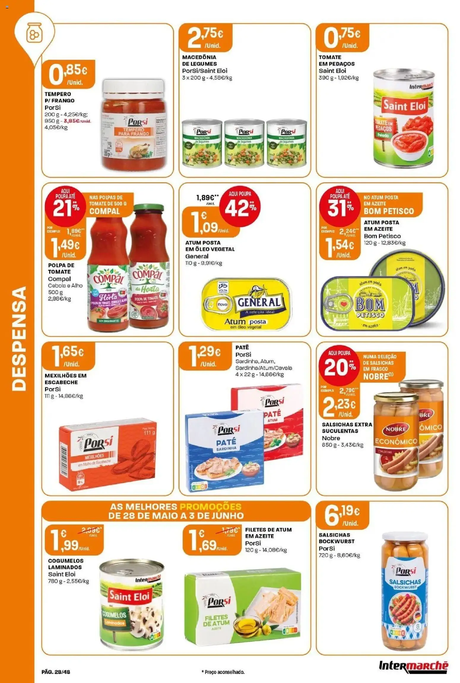 Intermarché - Isto é que são preços BAIXOS! │ válido de 28.05.2026 | Página: 28 | Produtos: Atum, Cebola, Óleo, Mexilhões
