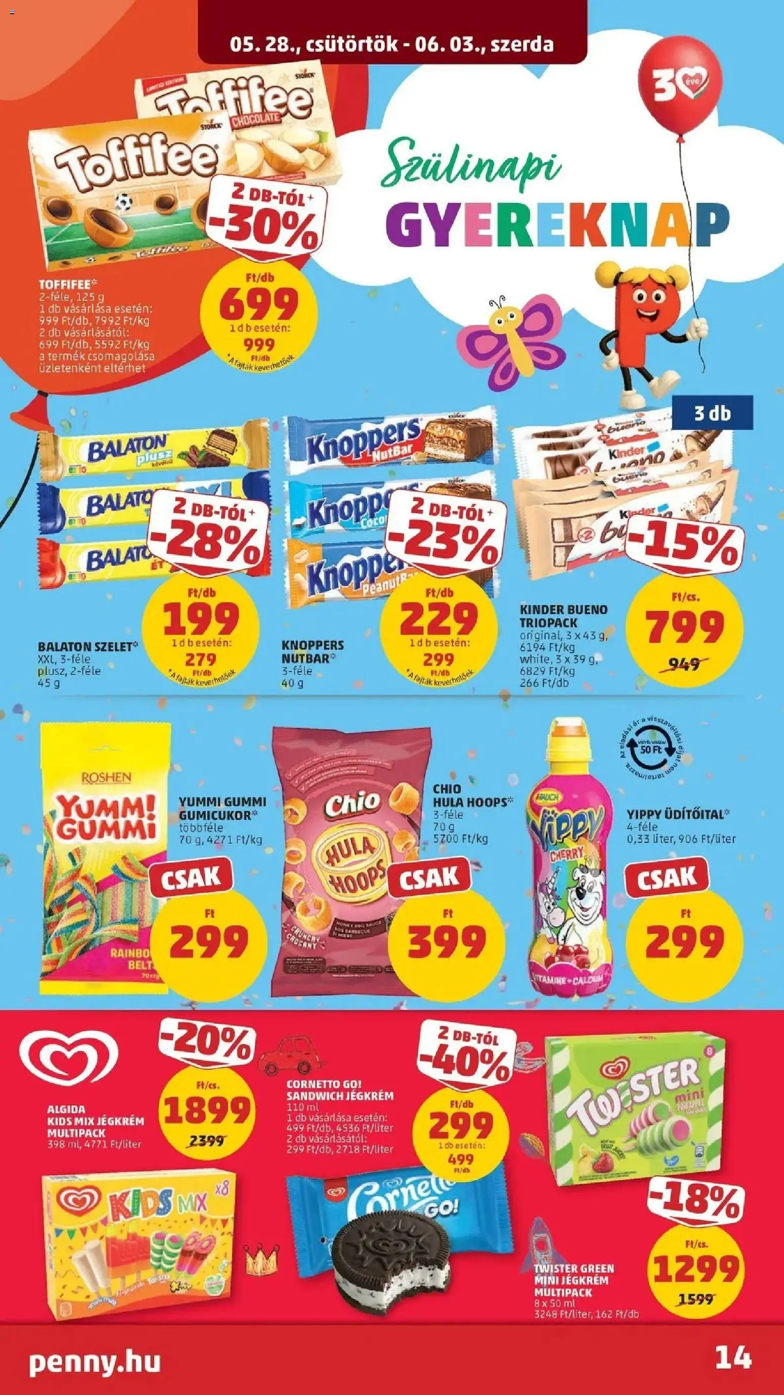 PENNY akciós ujság - amely érvényes a következő dátumtól: 28.05.2026 | Oldal: 14 | Termékek: Chips, Gumicukor, Toffifee, Jégkrém