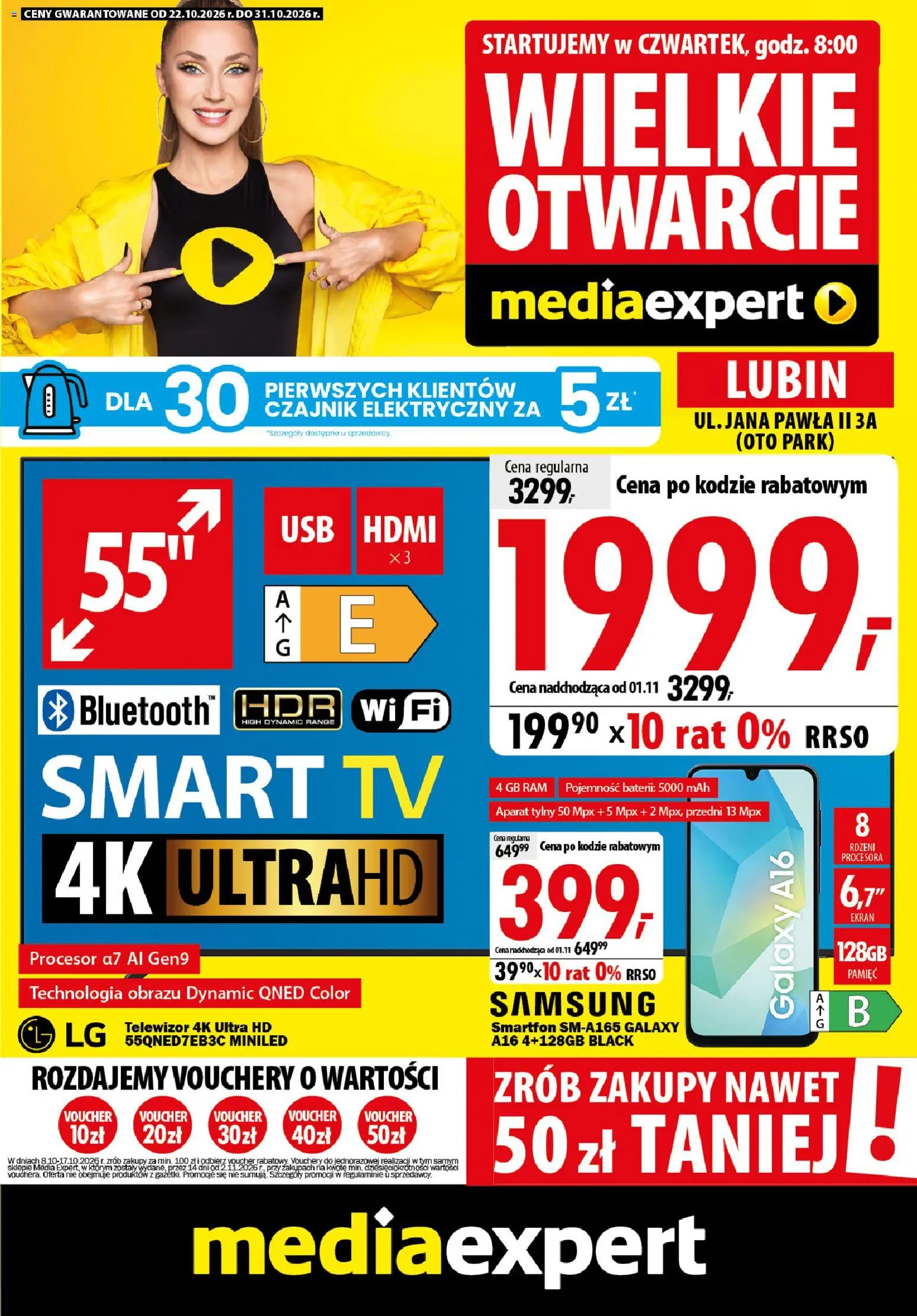 Mediaexpert promocje - Wielkie otwarcie Lubin od 22.10.2026 | Strona: 1 | Produkty: Czajnik elektryczny, Smartfon, Telewizor, Czajnik