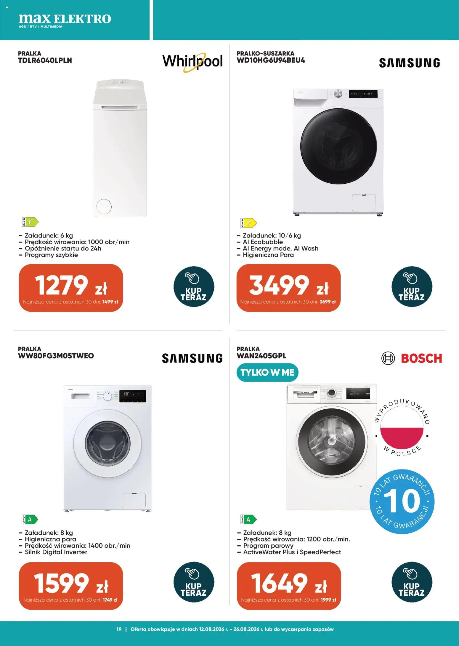 Max elektro gazetka od 12.08.2026 | Strona: 19 | Produkty: Pralka
