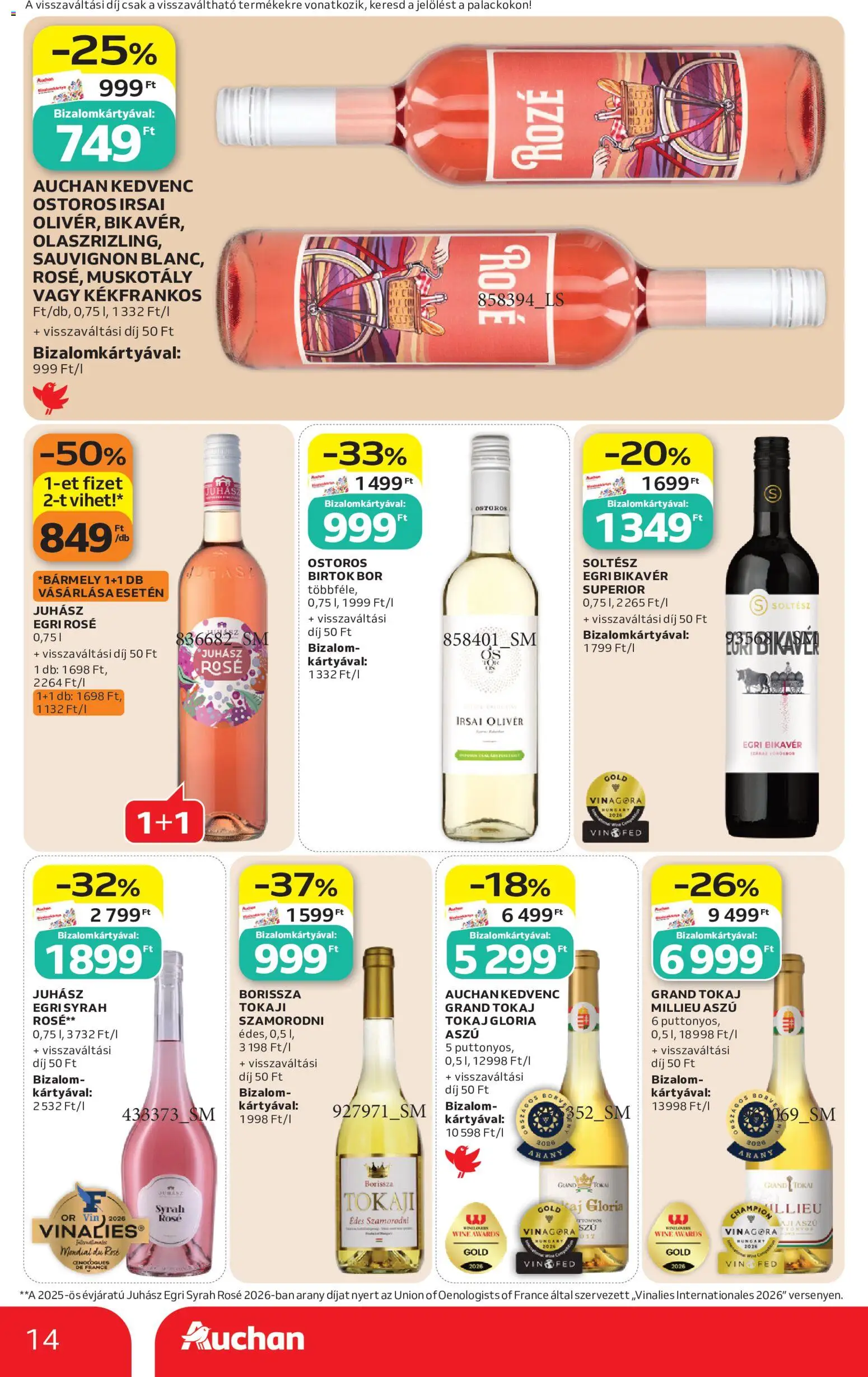Auchan akciós ujság - amely érvényes a következő dátumtól: 2026.10.01. | Oldal: 14 | Termékek: Egri Bikavér, Irsai Olivér, Tokaji, Rosé