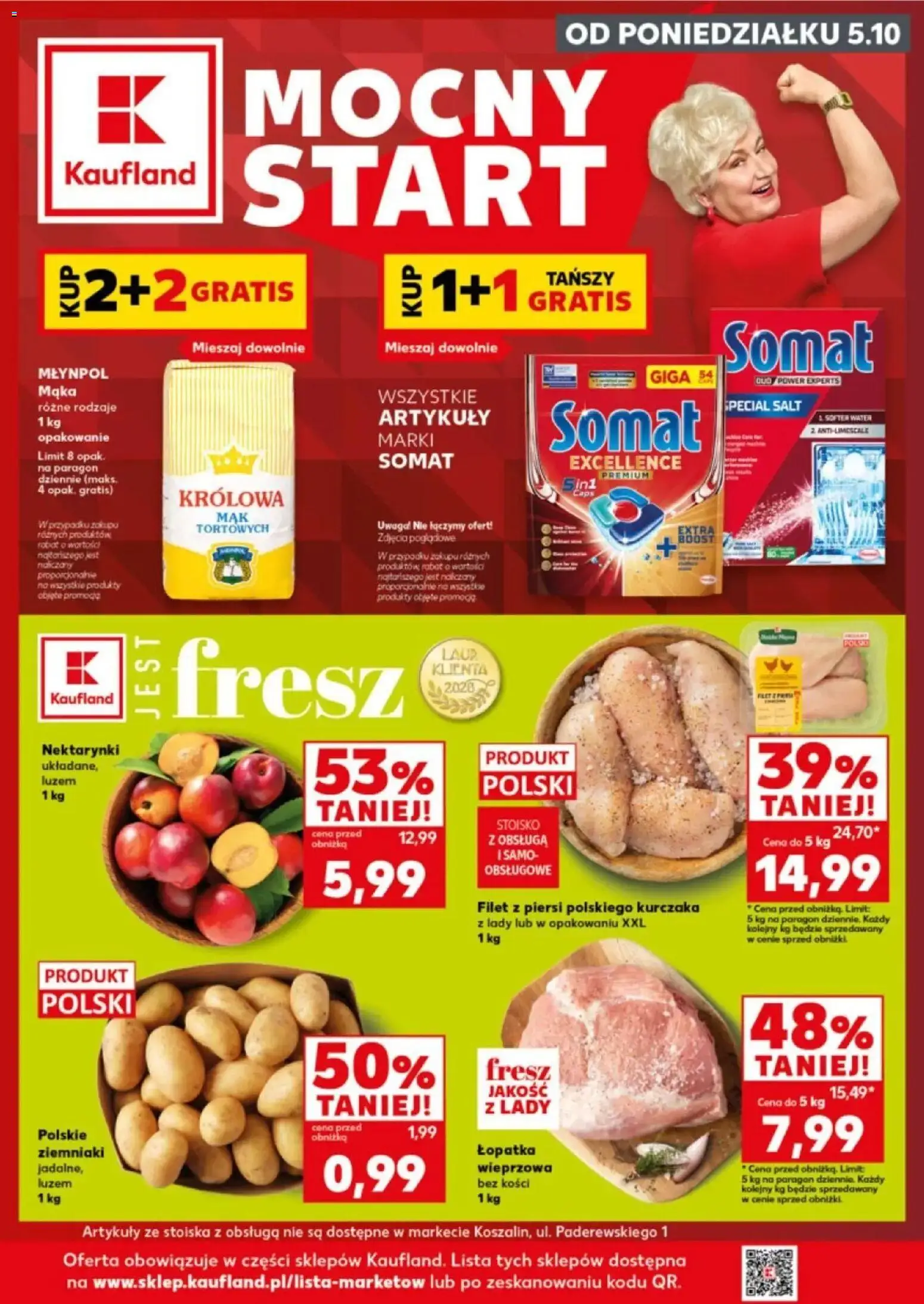 Kaufland gazetka - Mocny start od 05.10.2026 - od jutra PDF | Strona: 1 | Produkty: Łopatka wieprzowa bez kości, Robot, Nektarynki, Mąka