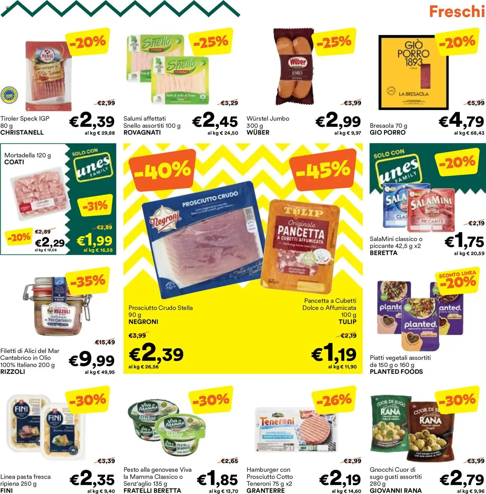 Volantino Unes del 08/10/2026 | Pagina: 5 | Prodotti: Piatti, Prosciutto, Pasta, Mortadella