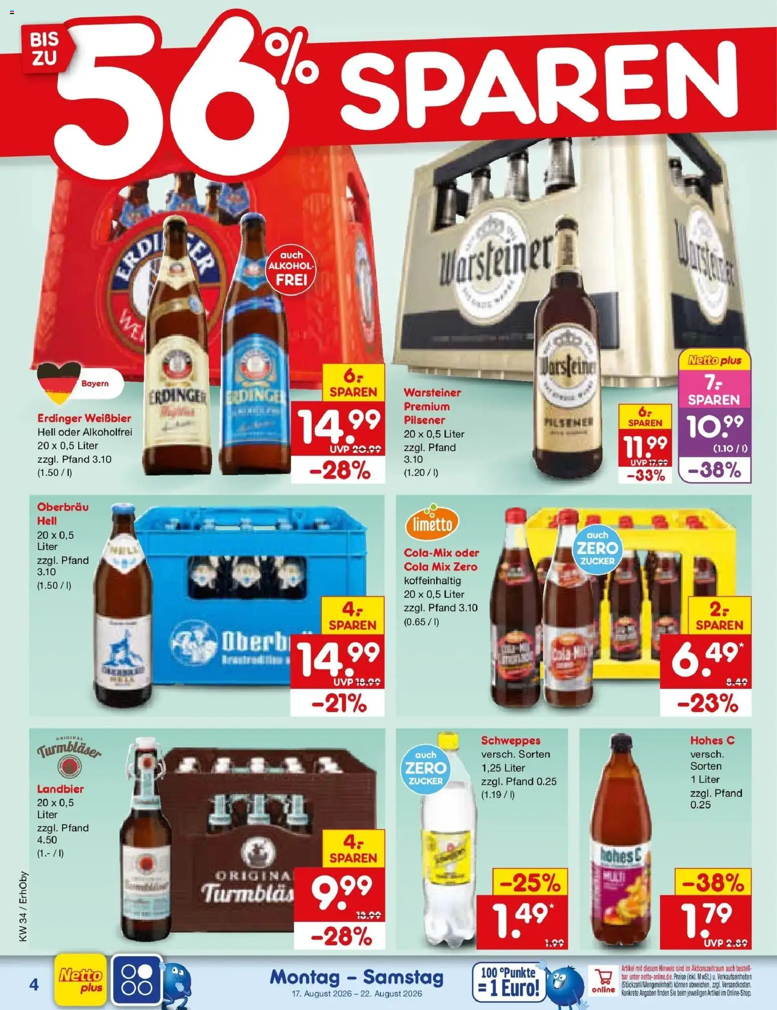 Netto Marken-Discount Prospekt Velden – gültig ab 17.08.2026 | Seite: 6 | Produkte: Weißbier, Schweppes, Alkohol, Warsteiner