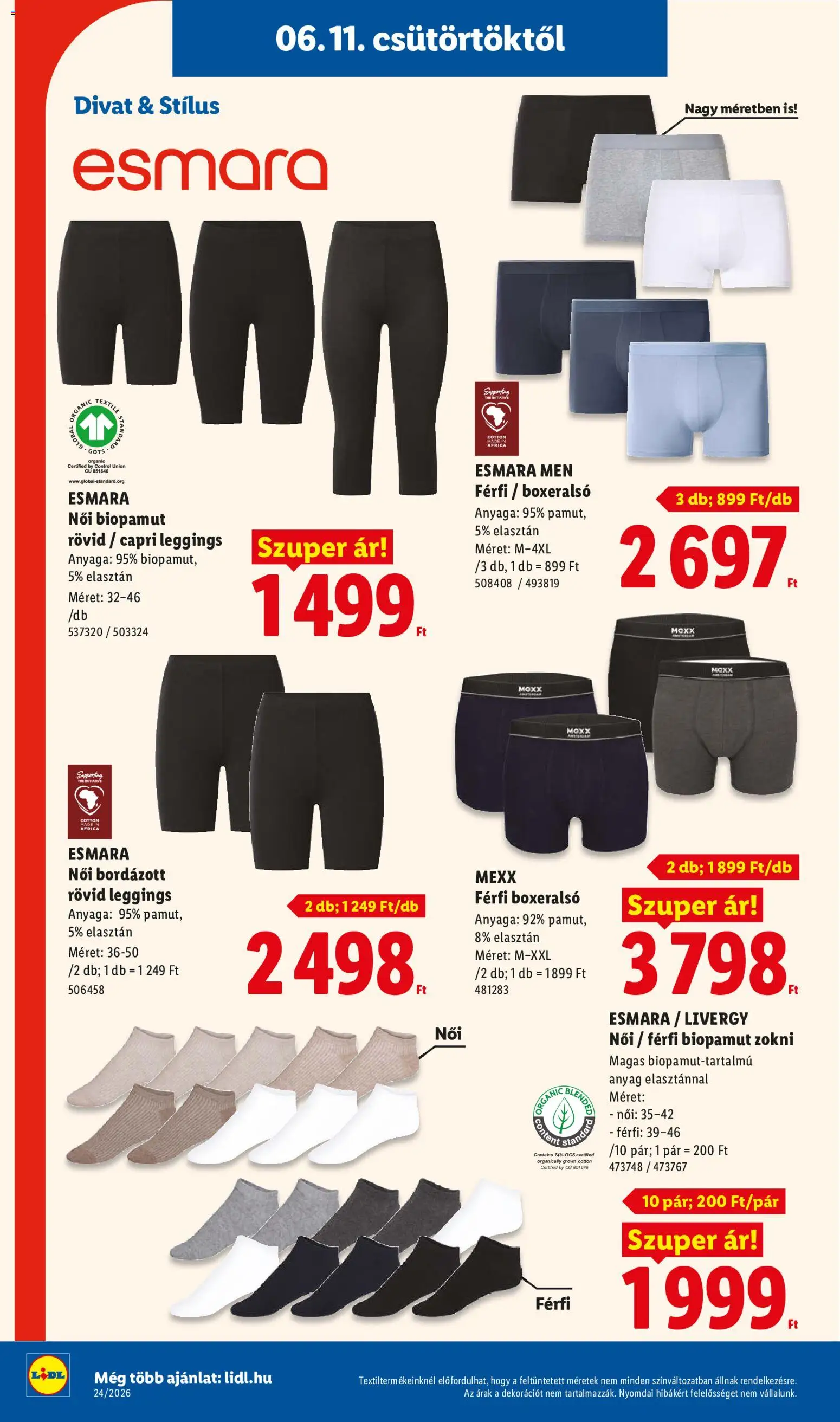 Lidl akciós ujság - amely érvényes a következő dátumtól: 11.06.2026 | Oldal: 40 | Termékek: Boxeralsó, Zokni, Leggings
