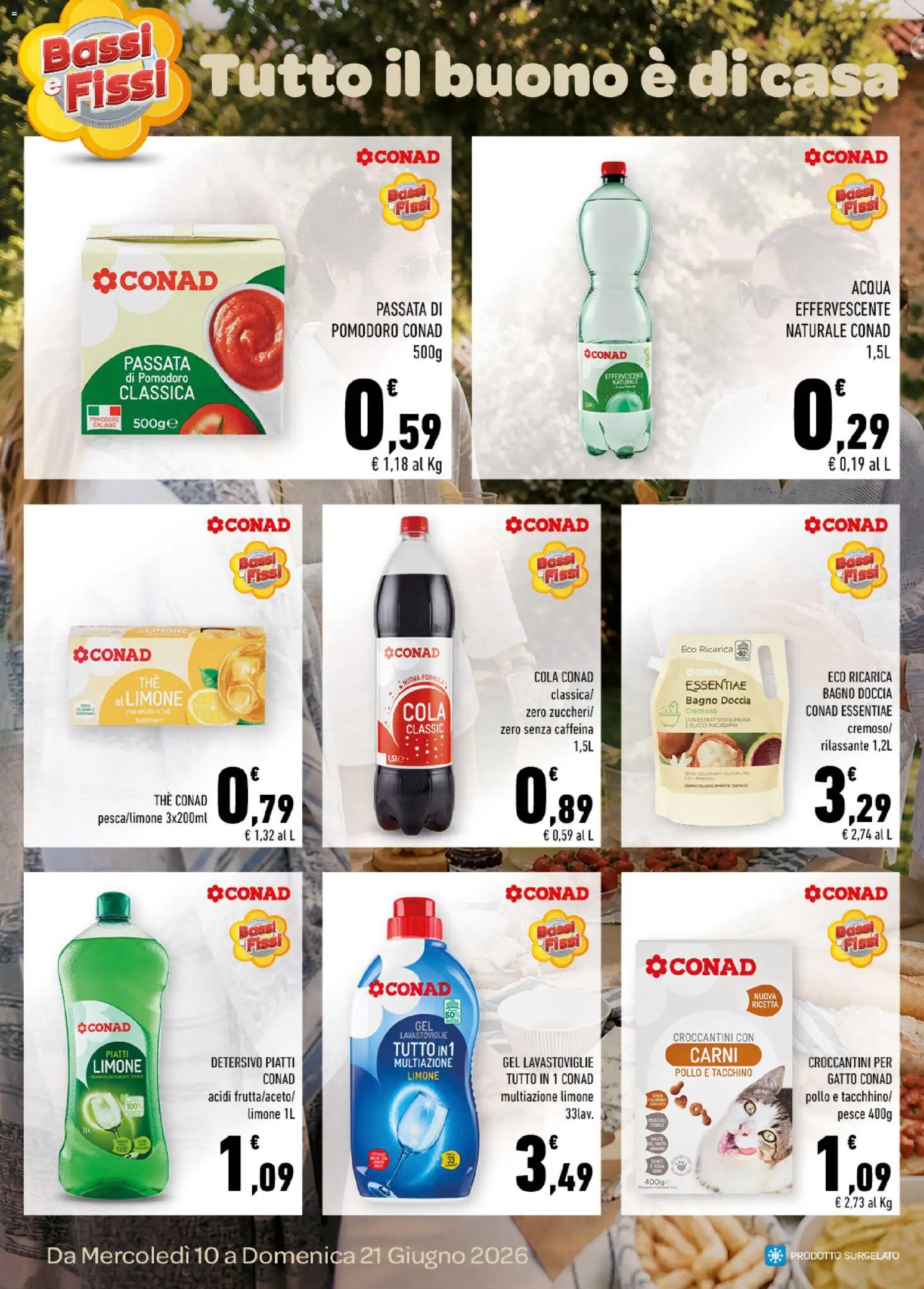 Volantino Conad del 10.06.2026 | Pagina: 4 | Prodotti: Detergente, Pomodoro, Passata di pomodoro, Doccia