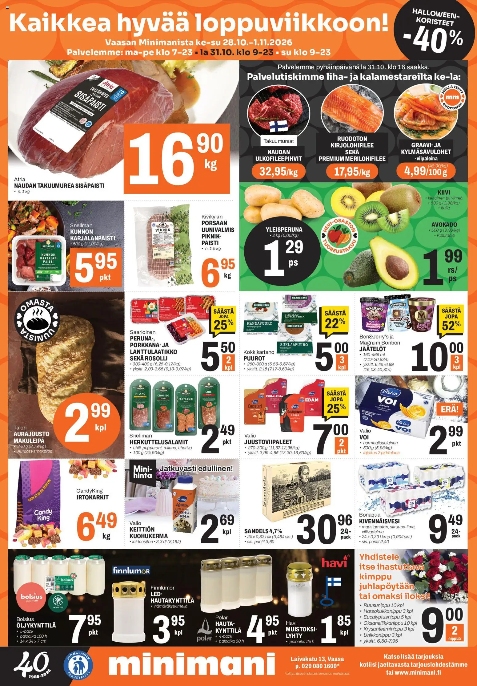 Minimani tarjoukset Vaasa – voimassa 28/10/2026 alkaen | Sivu: 1 | Tuotteet: Lyhty, Emmental, Chorizo, Liha