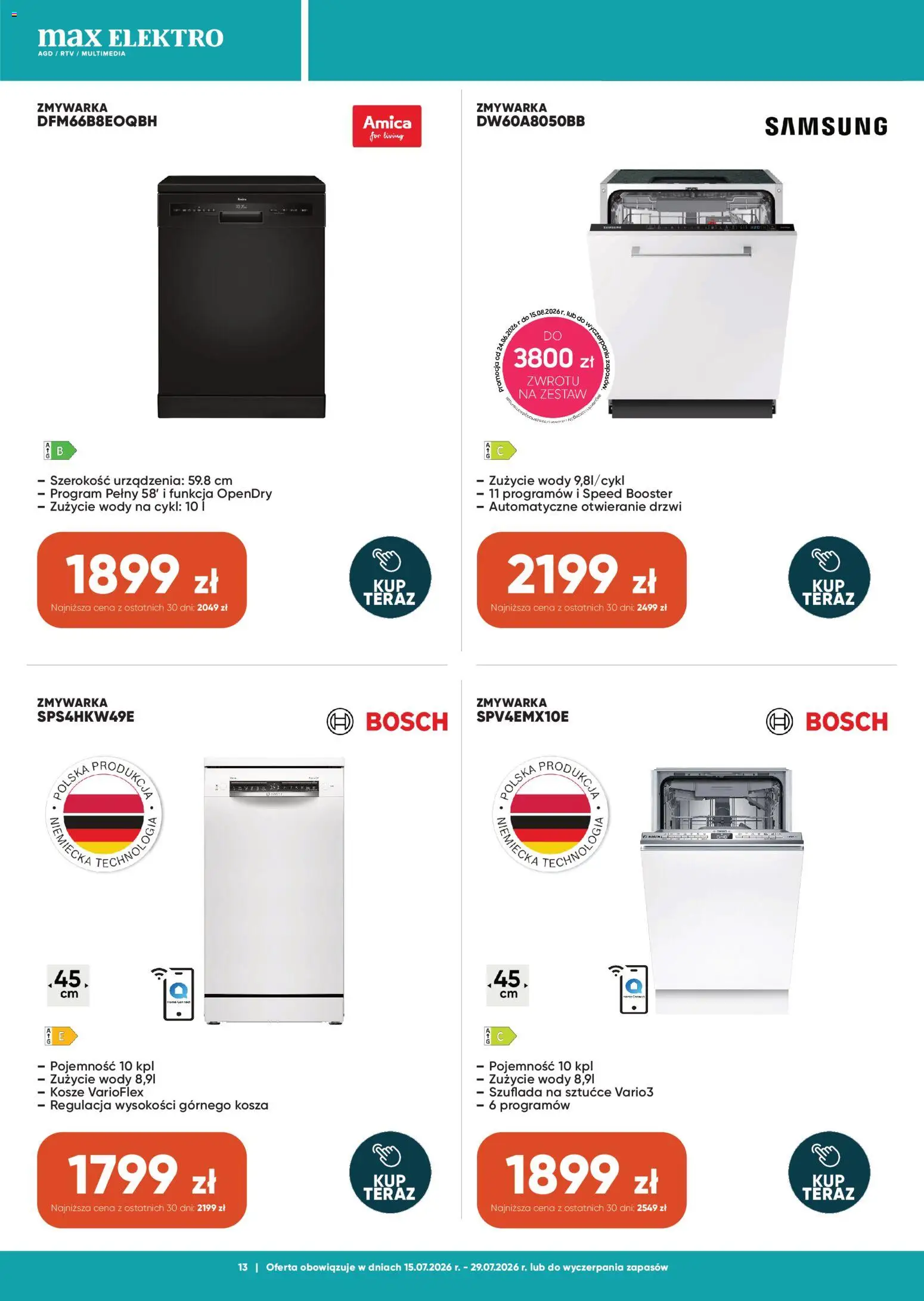 Max elektro gazetka od 15.07.2026 | Strona: 13 | Produkty: Zmywarka, Sztućce