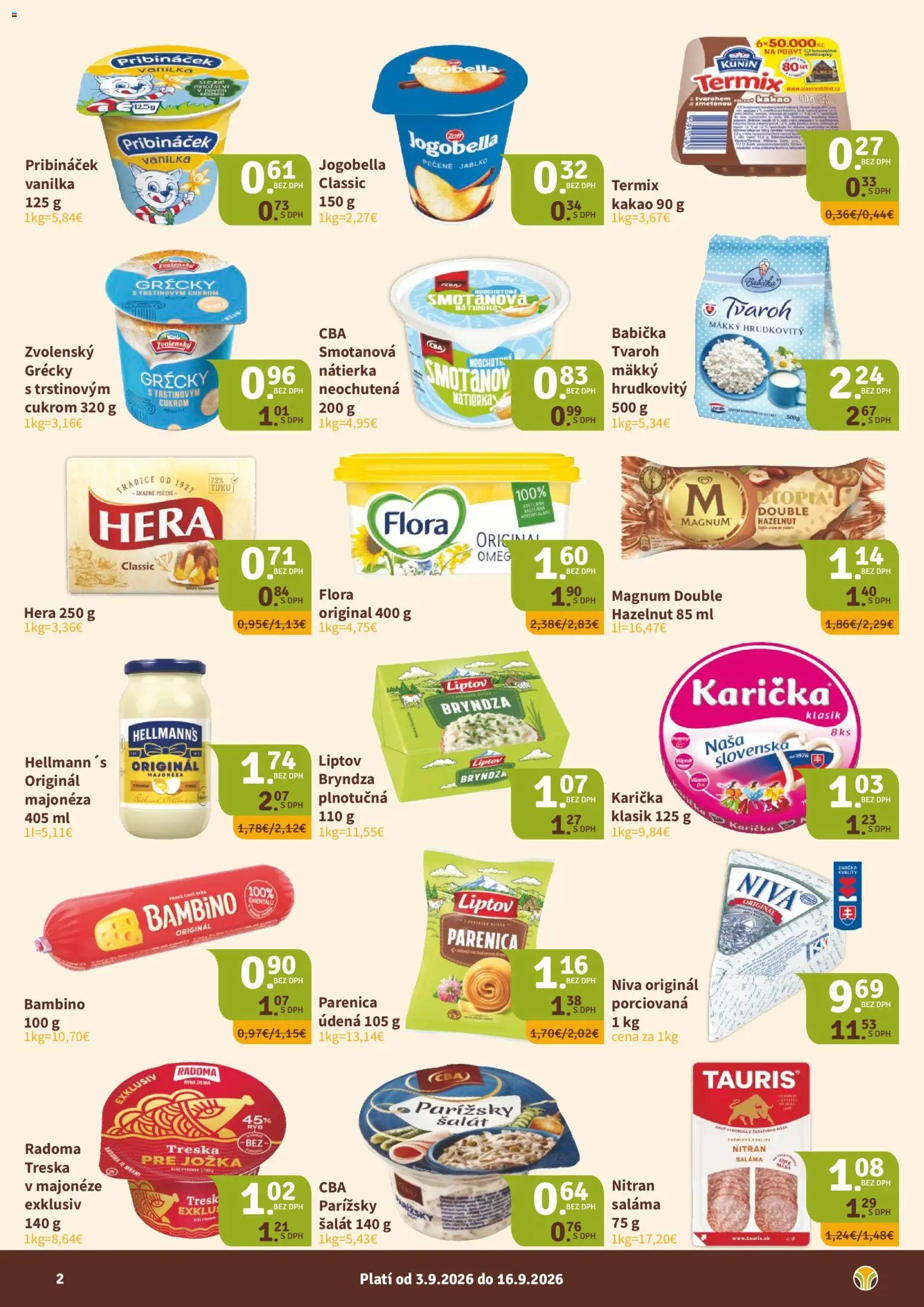 Nové Nitrazdroj akcie – leták je platný od 03.09.2026 | Strana: 2 | Produkty: Bryndza, Treska, Vanilka, Kakao