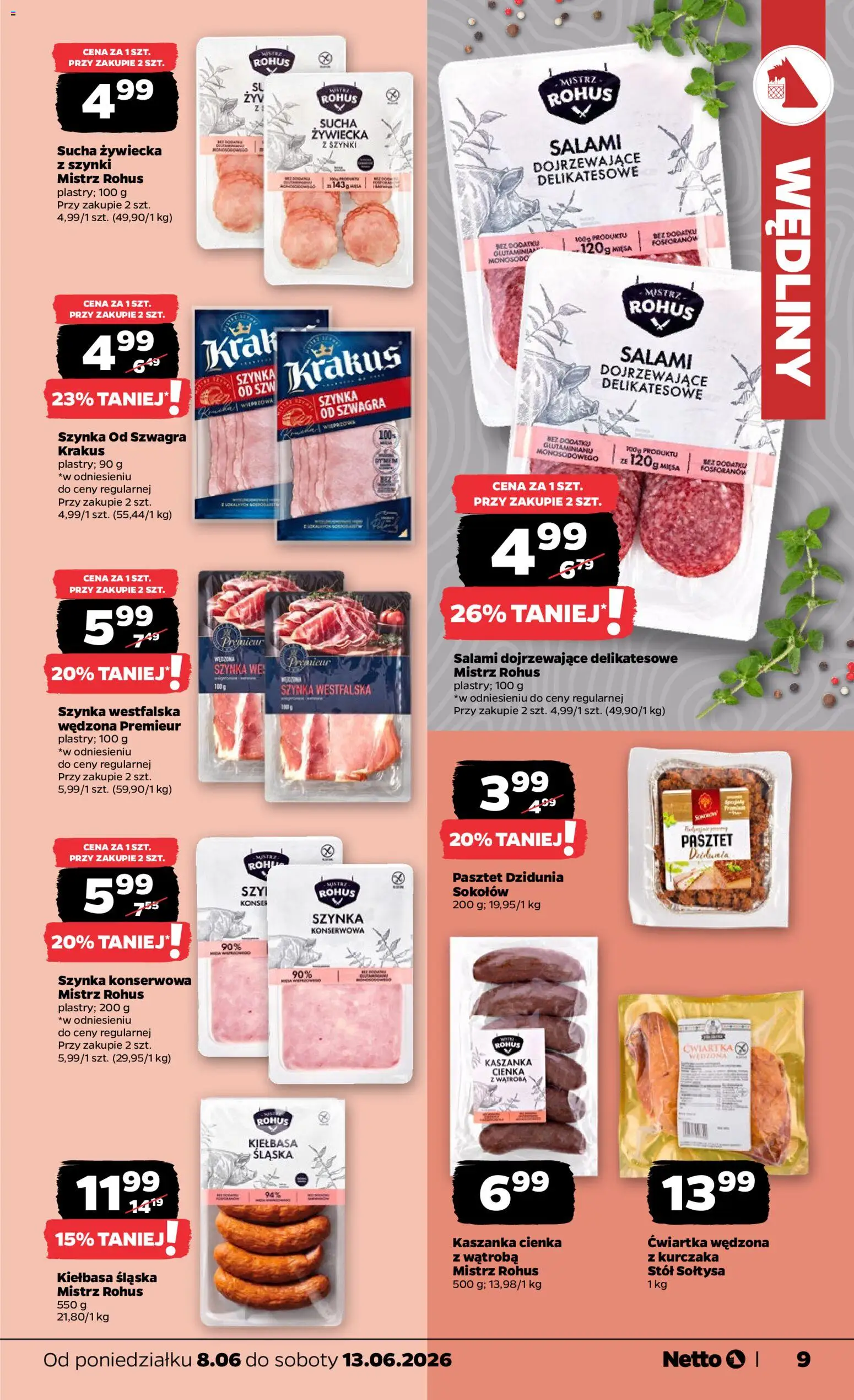 Netto gazetka od poniedziałku spożywcza od 08.06.2026 | Strona: 9 | Produkty: Kiełbasa, Szynka, Salami, Wędliny