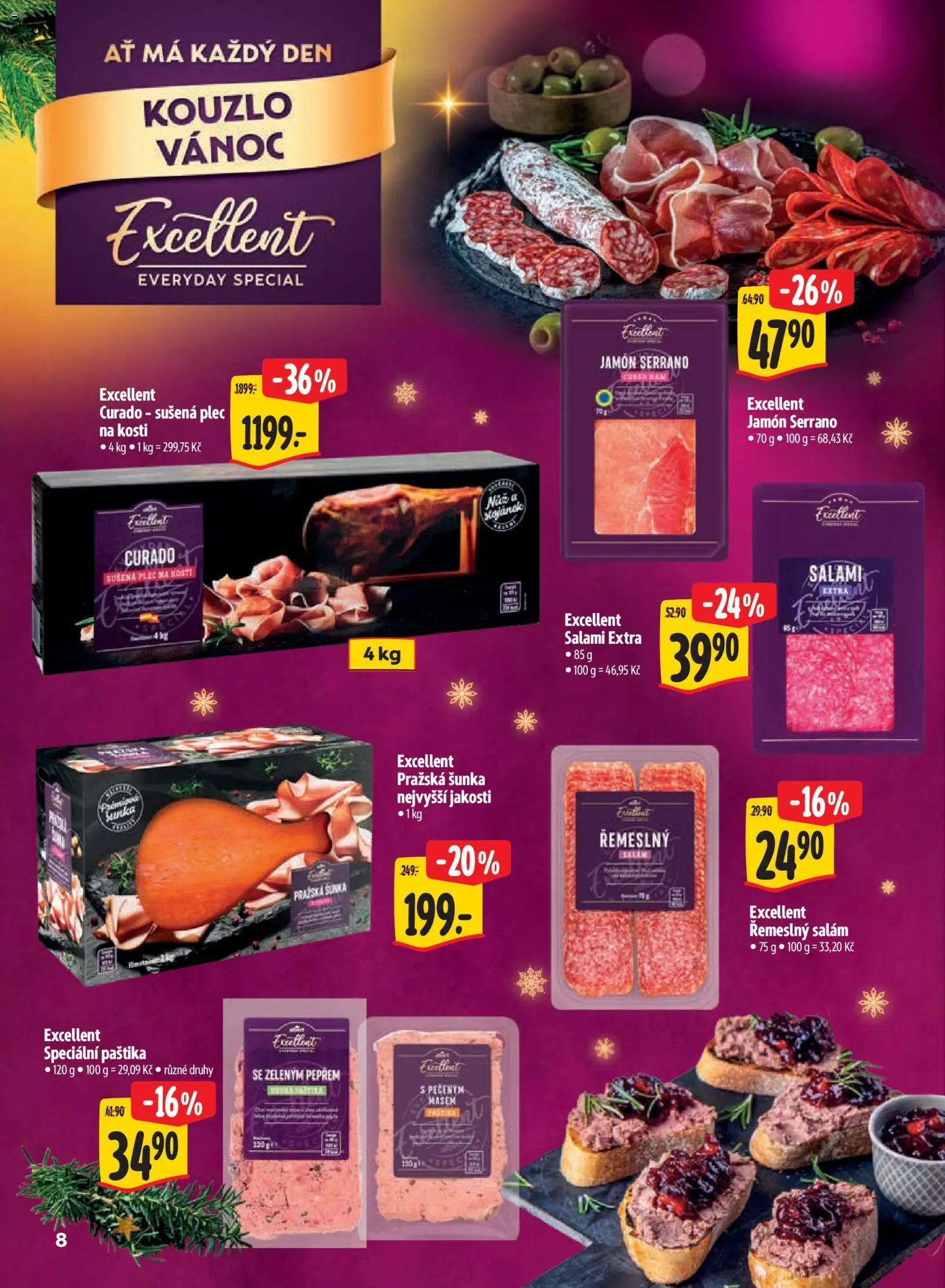 Albert leták - Hypermarket Kouzlo Vánoc od 29.10.2026 | Strana: 8 | Produkty: Salám, Pražská šunka, Jamón Serrano, Jamon