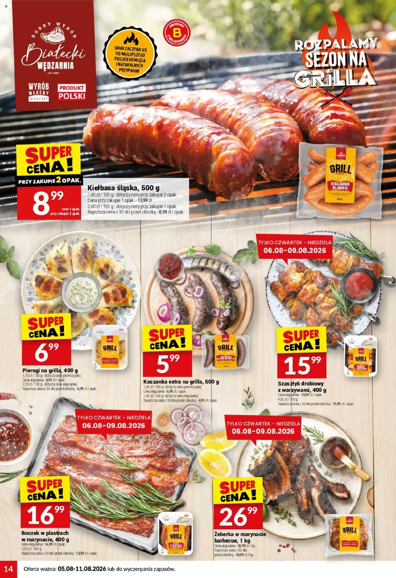 Twój Market gazetka od 05.08.2026 | Strona: 14 | Produkty: Pierogi, Grill, Kiełbasa śląska, Boczek