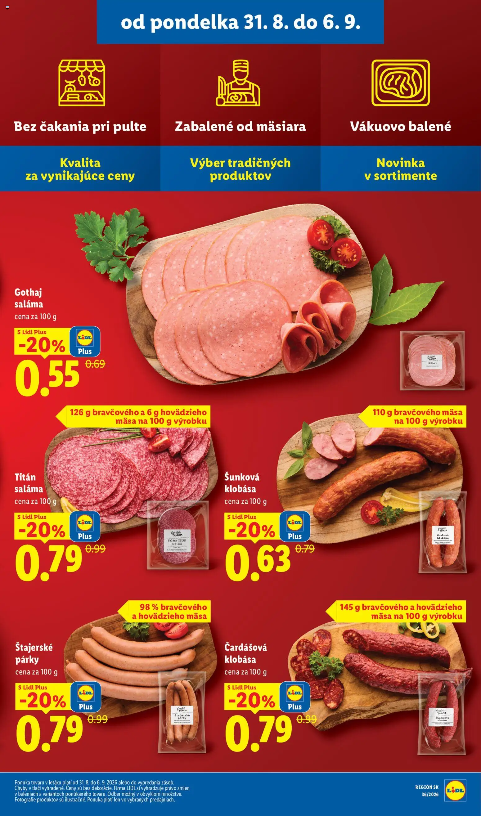 Nové Lidl akcie – leták je platný od 31.08.2026 | Strana: 15 | Produkty: Saláma, Klobása, Gothaj, Párky