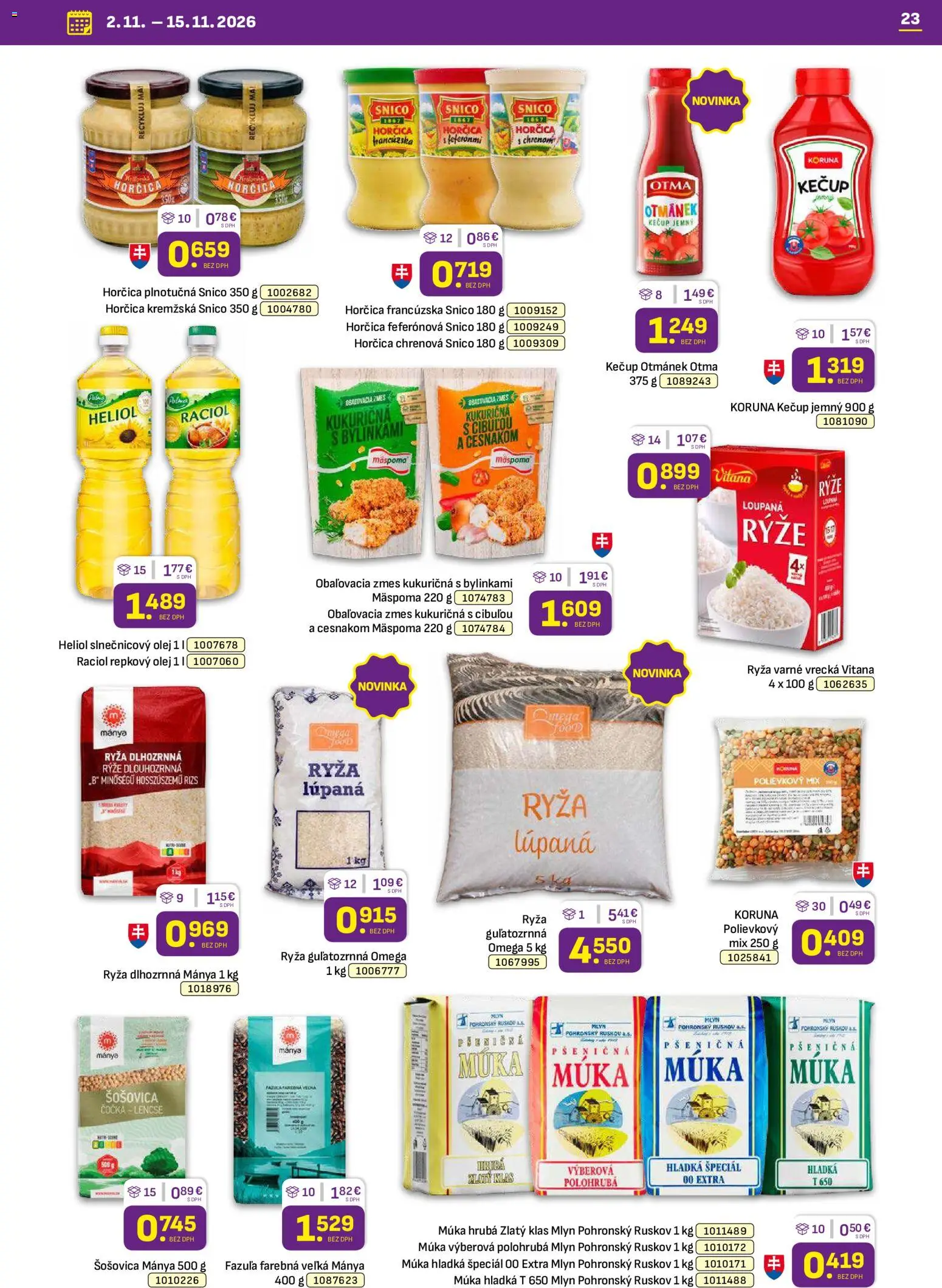 Nové Libex akcie – leták je platný od 02.11.2026 | Strana: 23 | Produkty: Zlatý klas, Fazuľa, Omega, Múka