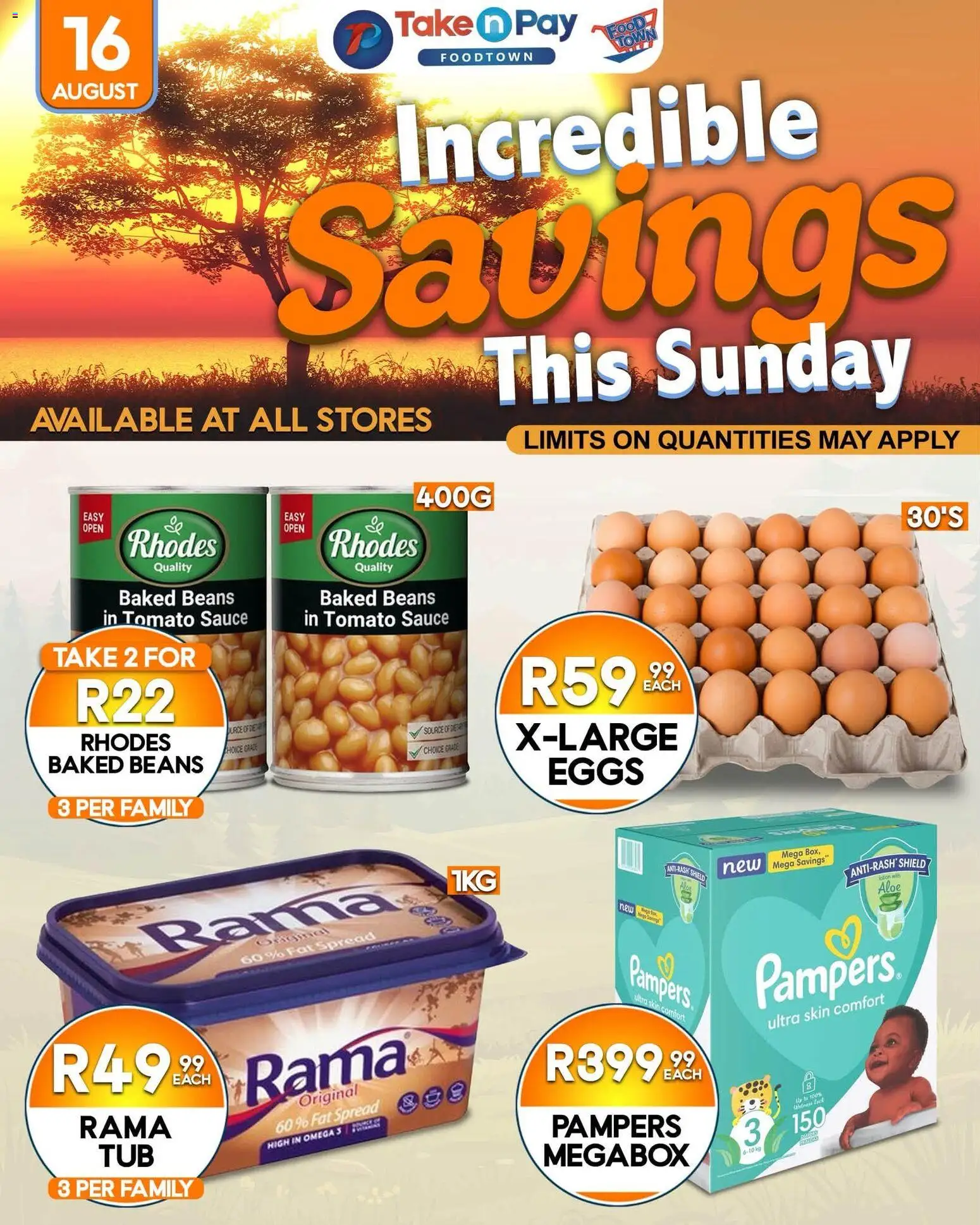 New Take n Pay catalogue – valid from 16/08/2026 | Page: 1 | Products: Beans, Baked beans, Omega 3, Eggs