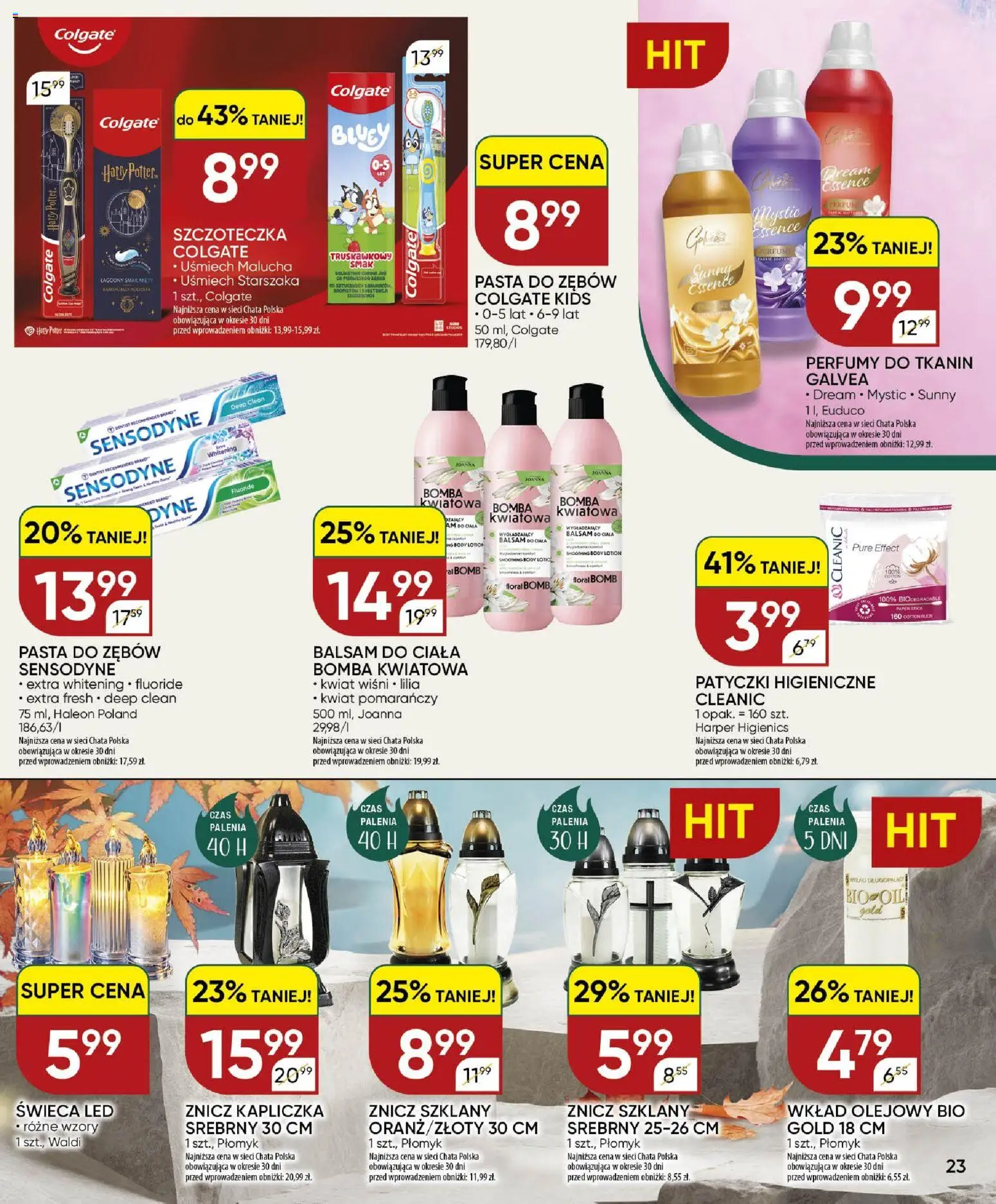 Chata Polska gazetka od 22.10.2026 | Strona: 23 | Produkty: Znicz kapliczka, Body, Pasta do zębów, Lotion