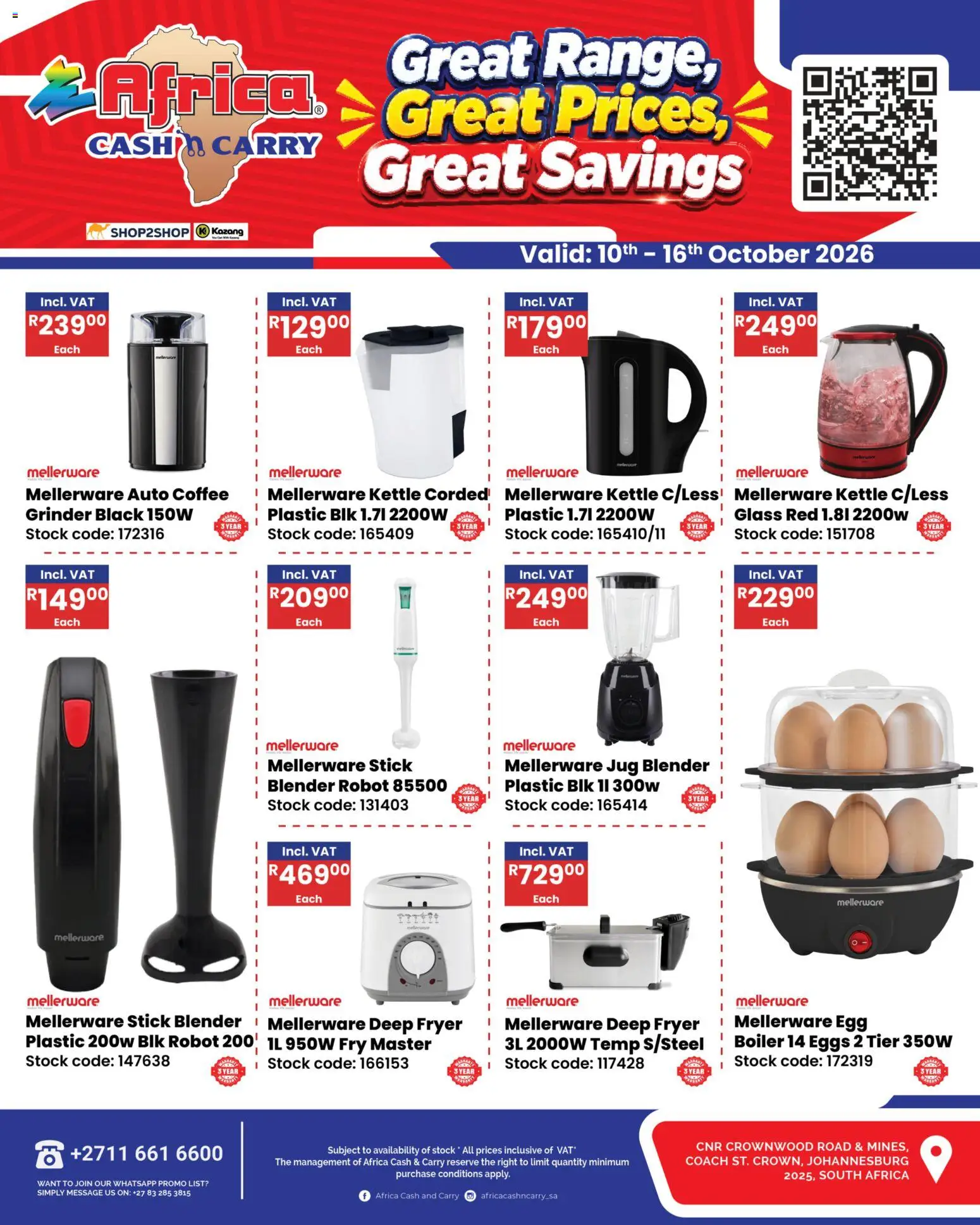 New Africa Cash & Carry catalogue – valid from 10/10/2026 | Page: 1 | Products: Grinder, Fryer, Eggs, Coffee