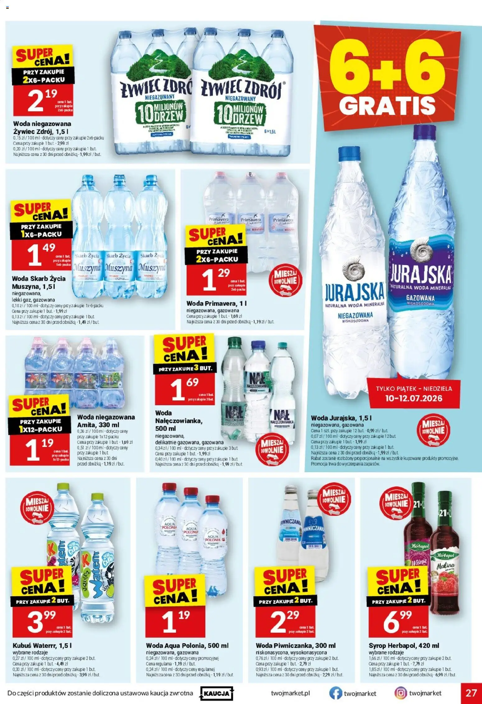 Twój Market gazetka od 08.07.2026 | Strona: 27 | Produkty: Syrop, Muszyna Woda, Woda niegazowana, Woda