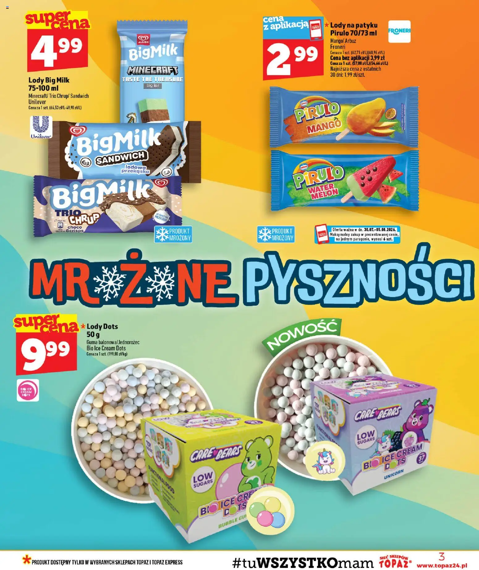 Topaz gazetka od 30.07.2026 | Strona: 3 | Produkty: Mango, Arbuz, Big Milk, Lody Big Milk