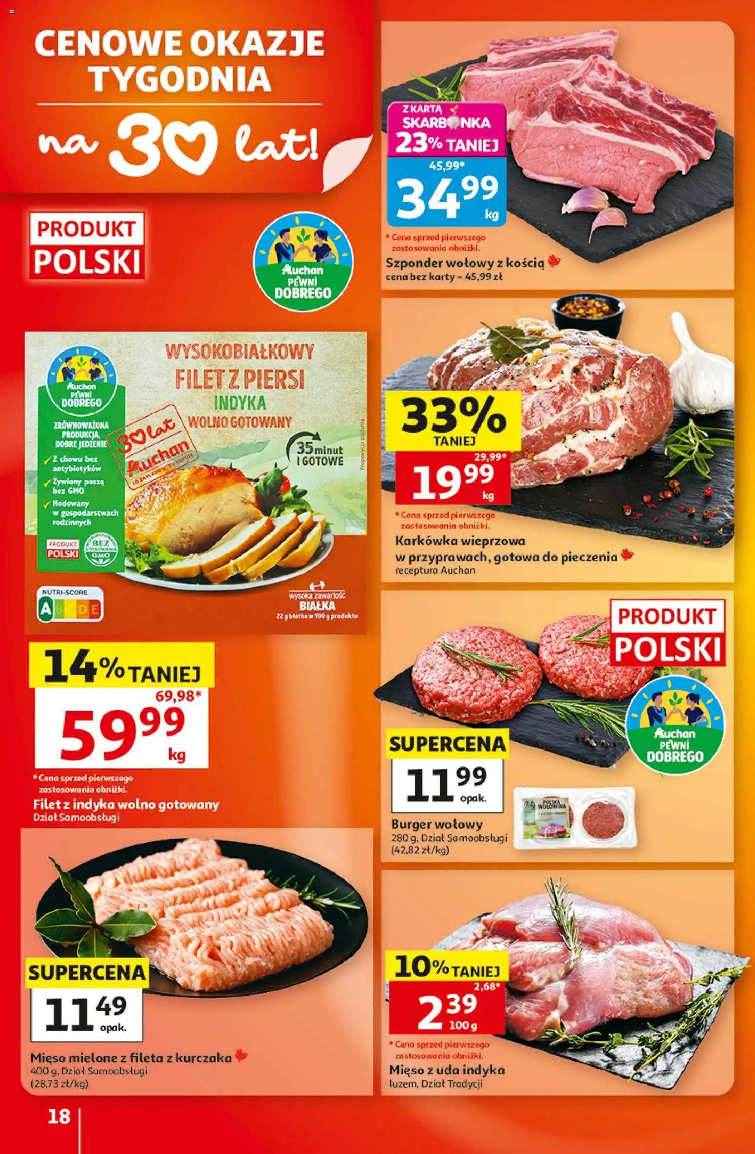 Auchan gazetka - 30 Lat Hipermarket od 10.09.2026 | Strona: 18 | Produkty: Karta, Burger wołowy, Mięso mielone, Filet z indyka