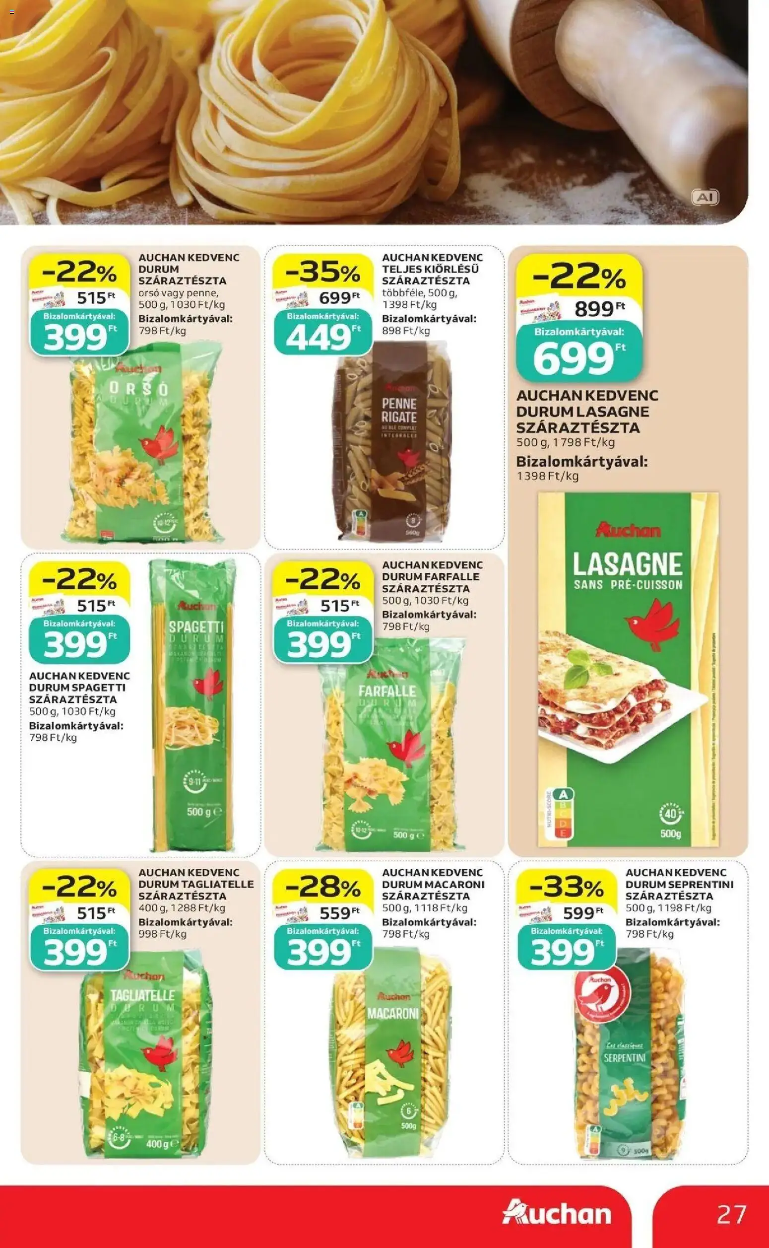 Auchan akciós újság Szolnok - 2026.09.17. -tól/töl > akció, lapozható szórólap 🛍️ | Oldal: 27 | Termékek: Spagetti, Farfalle, Lasagne, Száraztészta