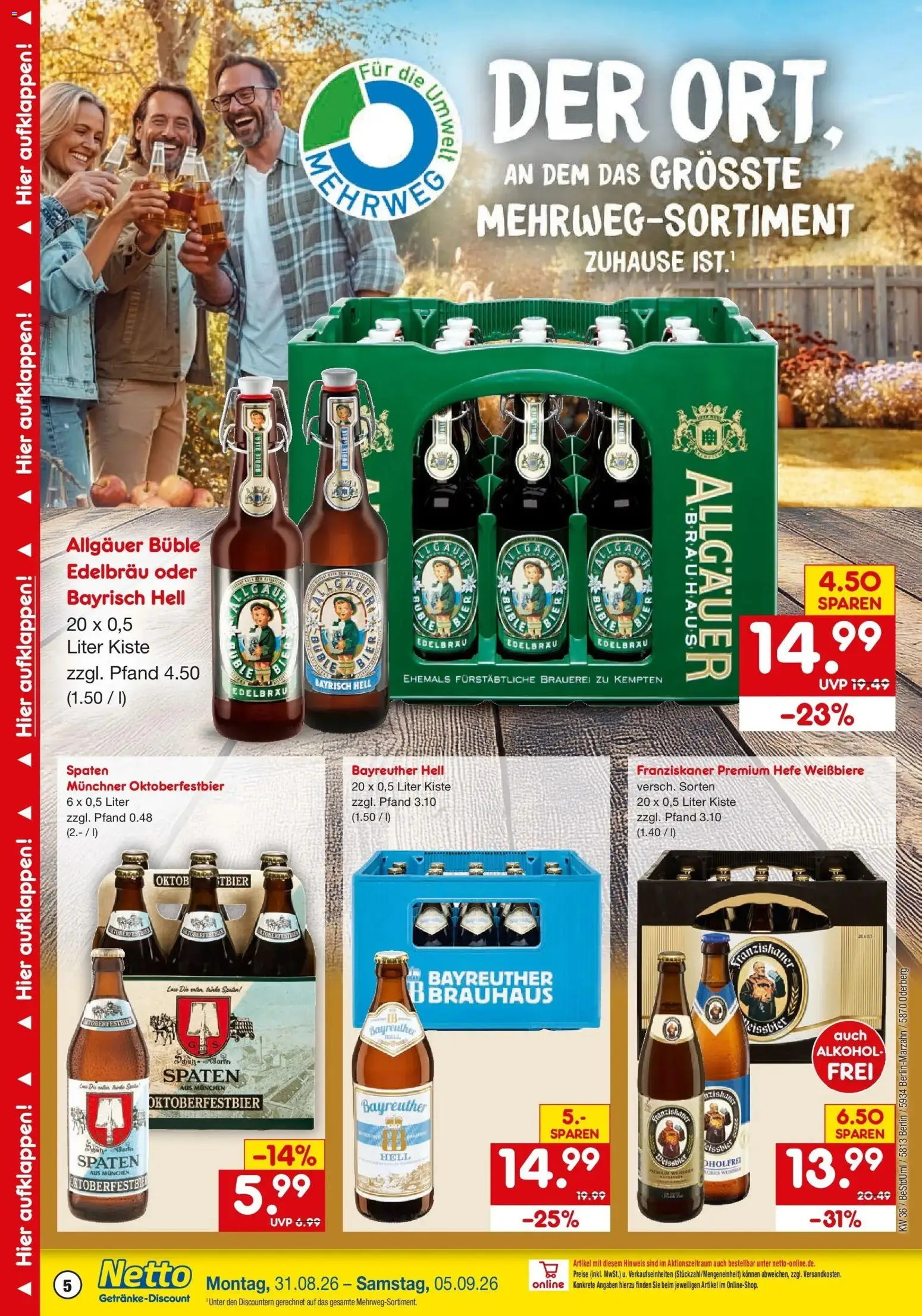 Netto Marken-Discount Prospekt Berlin (ab 31.08.2026) » Angebote | Seite: 5 | Produkte: Bayreuther hell, Franziskaner, Bier, Alkohol