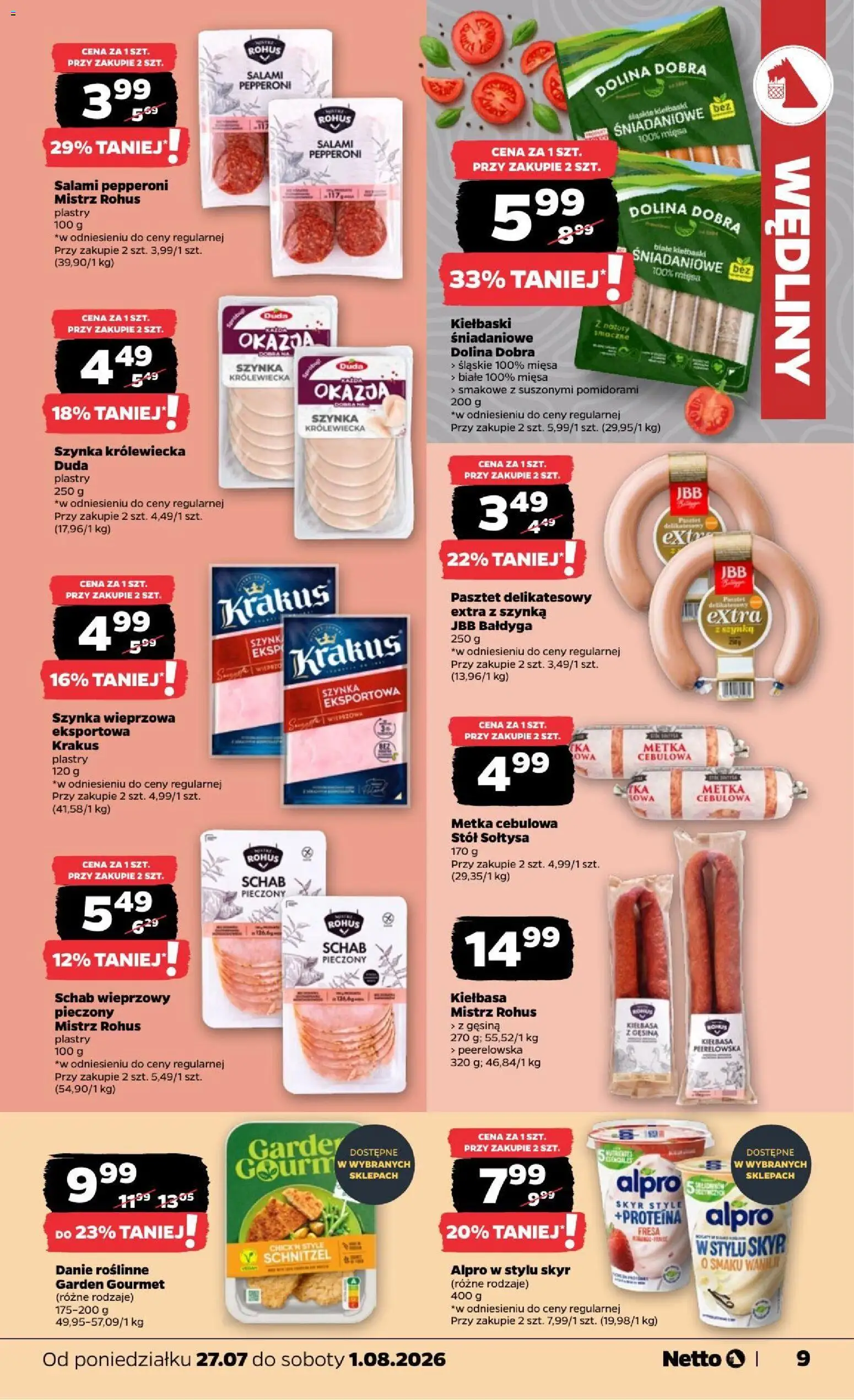 Netto gazetka od poniedziałku od 27.07.2026 | Strona: 9 | Produkty: Szynka, Stół, Wędliny, Skyr