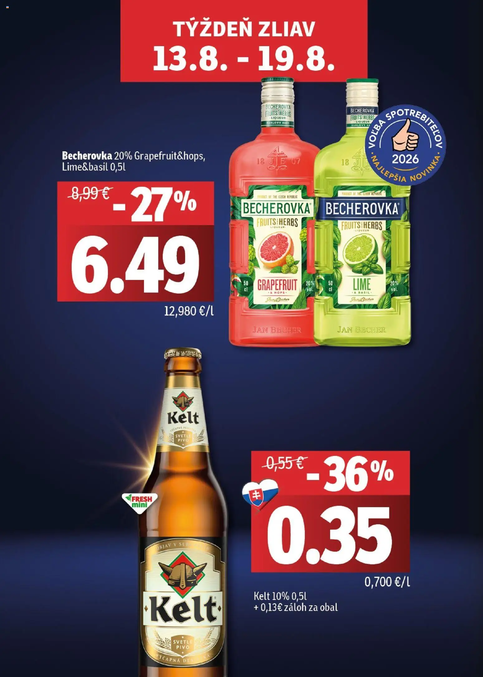 Nové Fresh akcie – leták je platný od 13.08.2026 | Strana: 2 | Produkty: Becherovka, Pivo, Kelt, Grapefruit