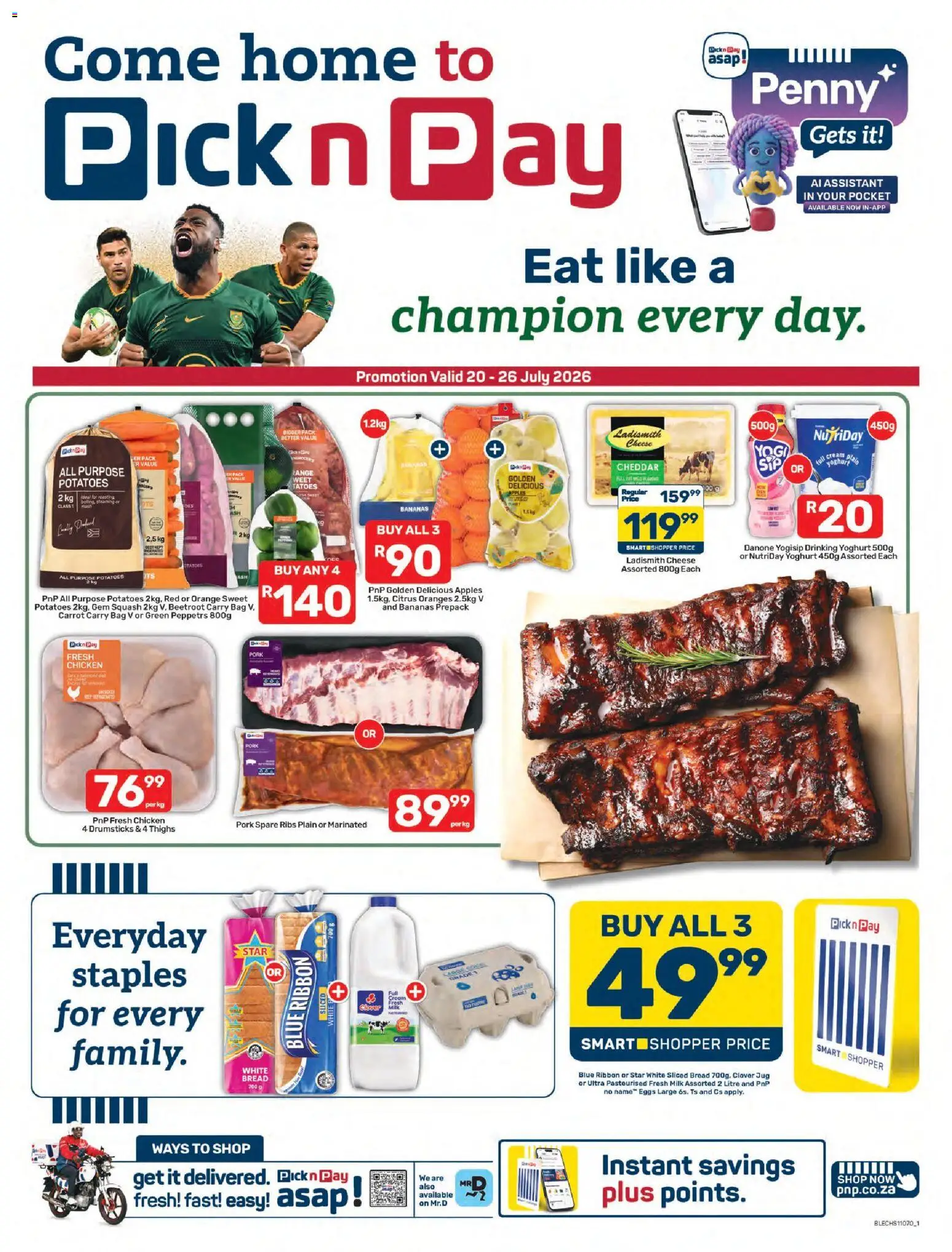 New Pick n Pay catalogue – valid from 20/07/2026 | Page: 1 | Products: Eggs, Chicken, Oranges, Desmaquilante
