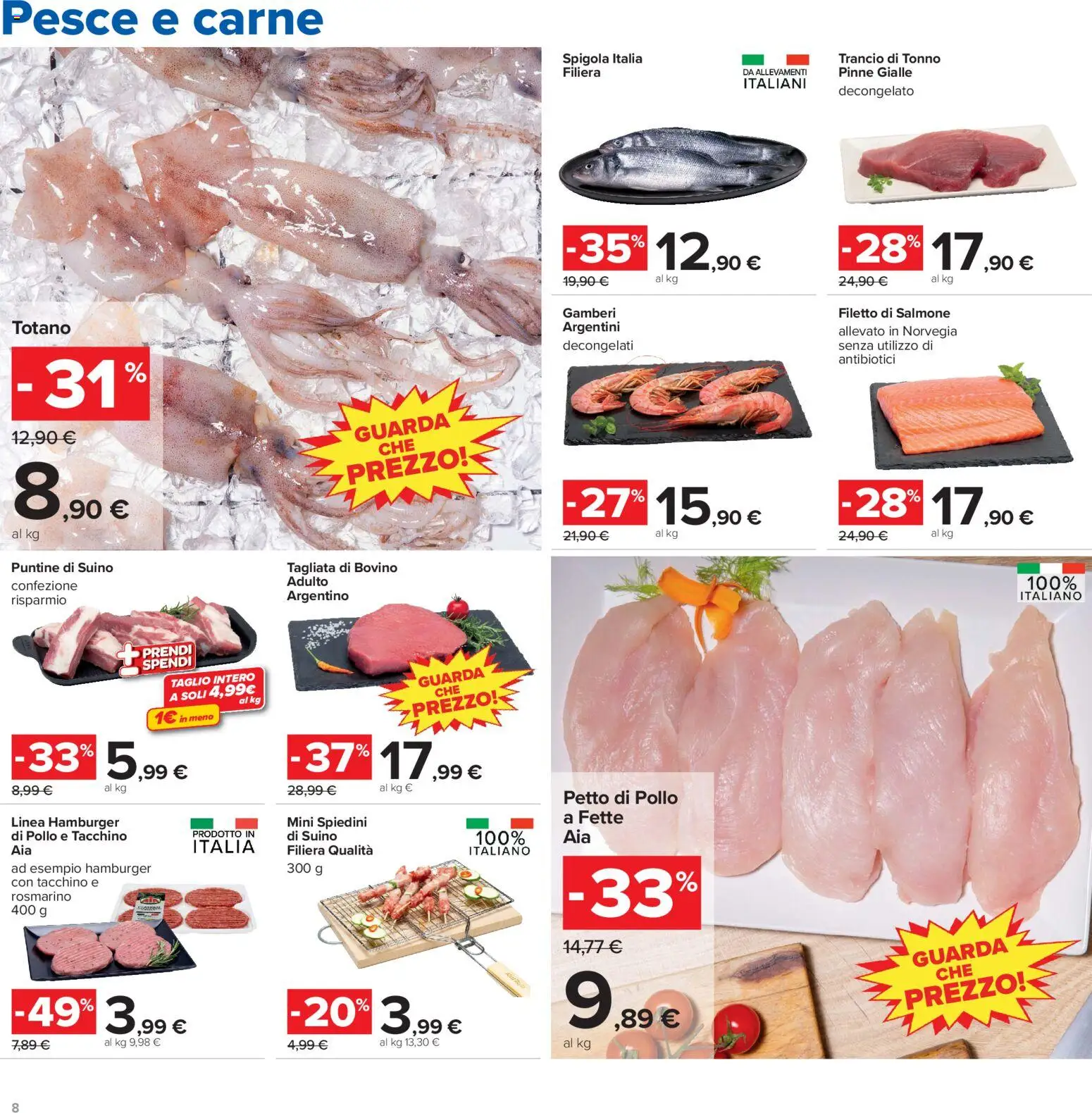 Volantino Carrefour del 13/07/2026 | Pagina: 8 | Prodotti: Gamberi, Tacchino, Tonno, Spigola