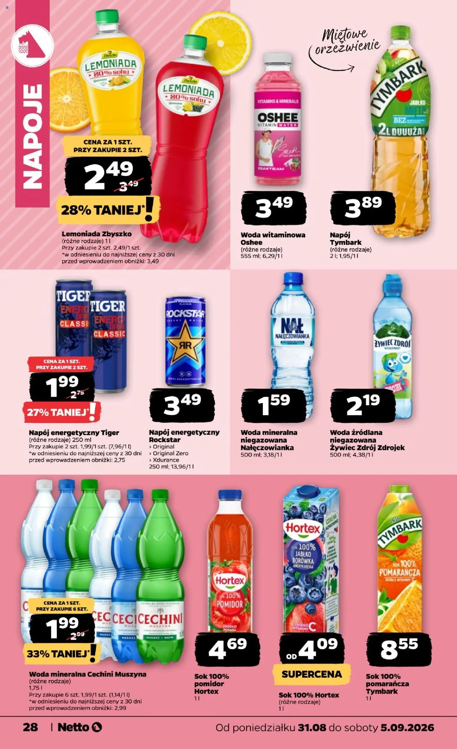 Netto gazetka od poniedziałku od 31.08.2026 | Strona: 28 | Produkty: Woda źródlana, Cechini muszyna, Sok, Woda