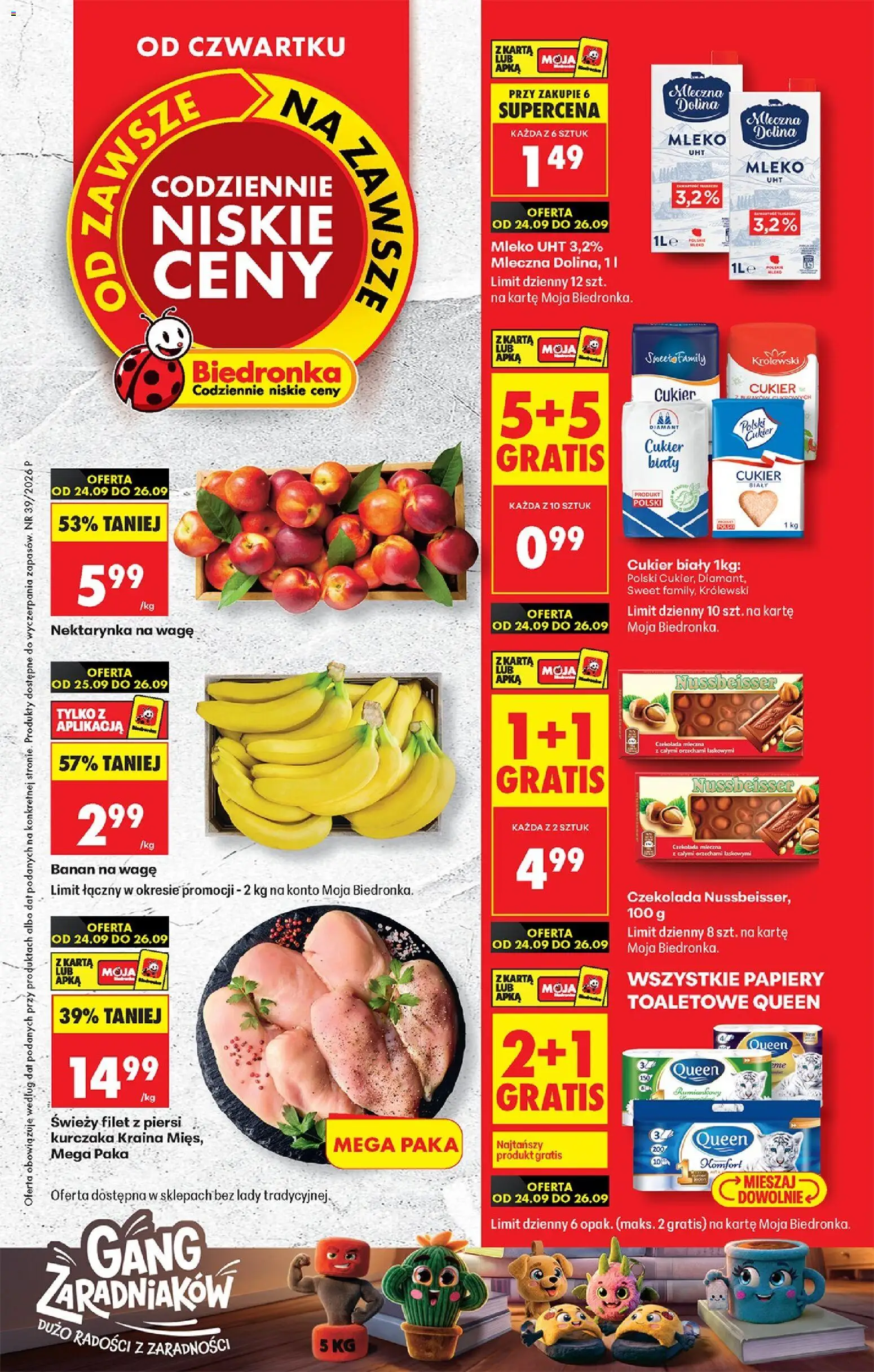 Biedronka gazetka od czwartku od 24.09.2026 | Strona: 1 | Produkty: Karta, Filet, Mleko UHT, Cukier